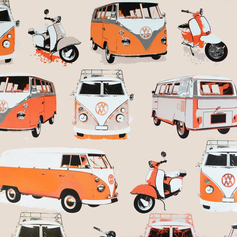 I Love Wallpaper™ VW Camper Van & Scooter Wallpaper Orange / Cream