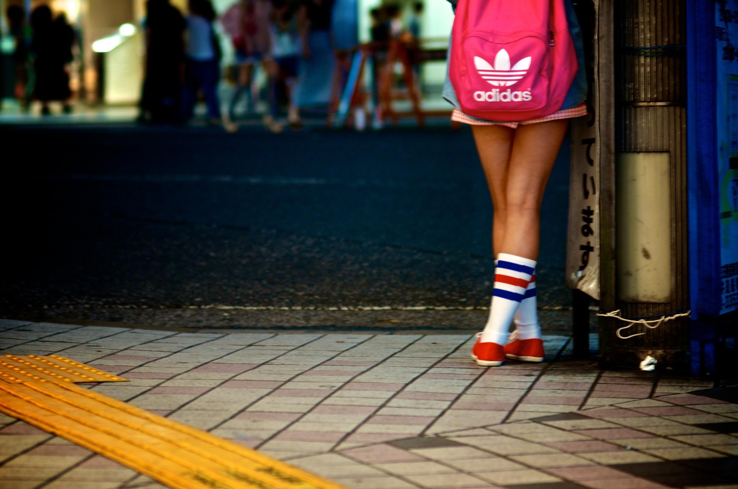 legs, women, Japan, Tokyo, pink, Adidas, socks, asians, back pack