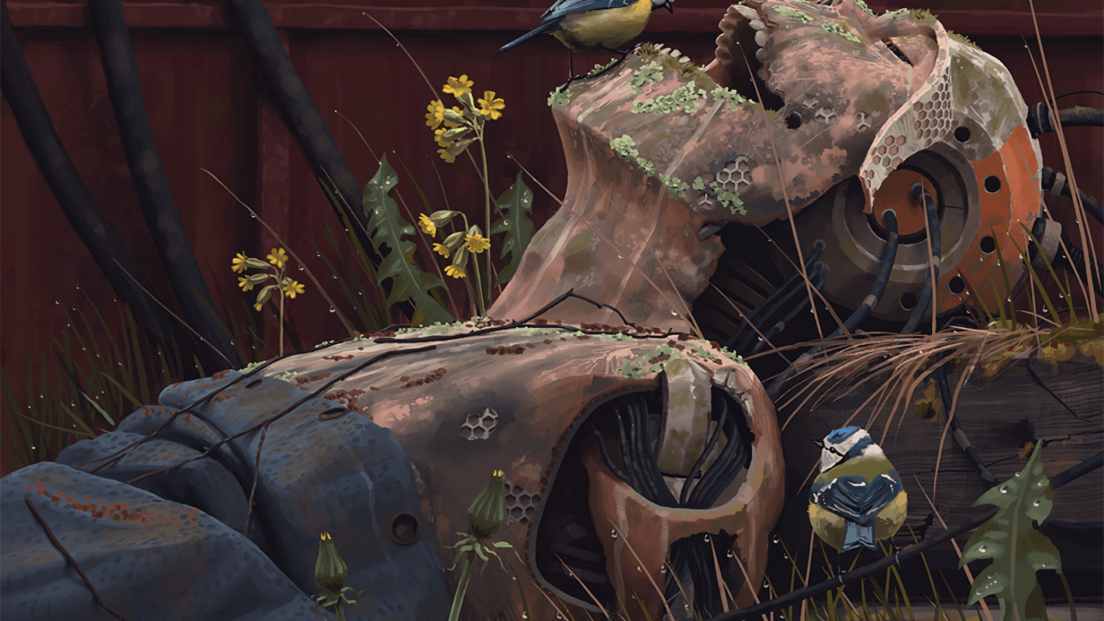 Download 1600x900 Dead Android, Painting, Rust, Flowers, Grass, Sci