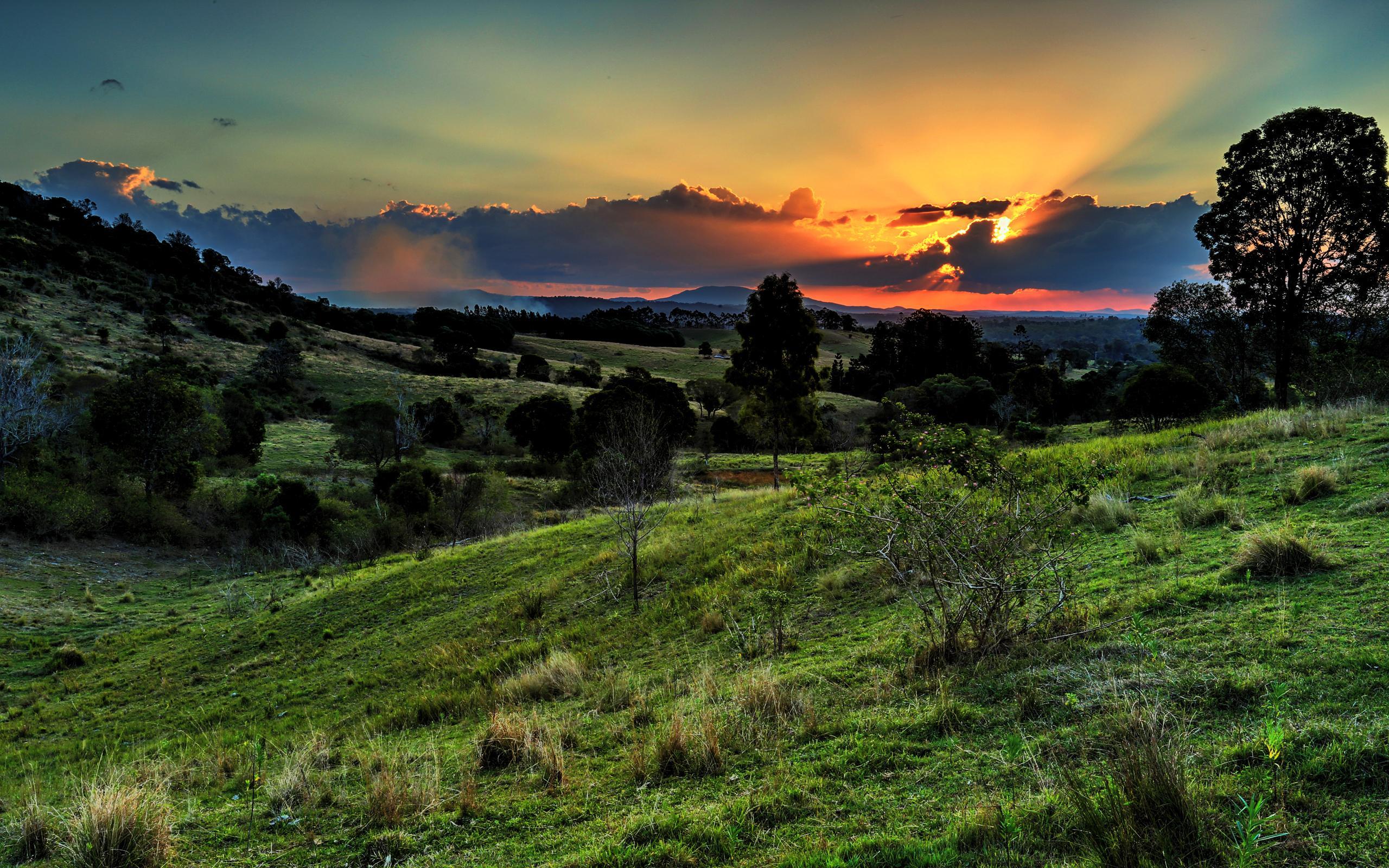 Wallpaper, valley, sunset, grass, sky 2560x1600