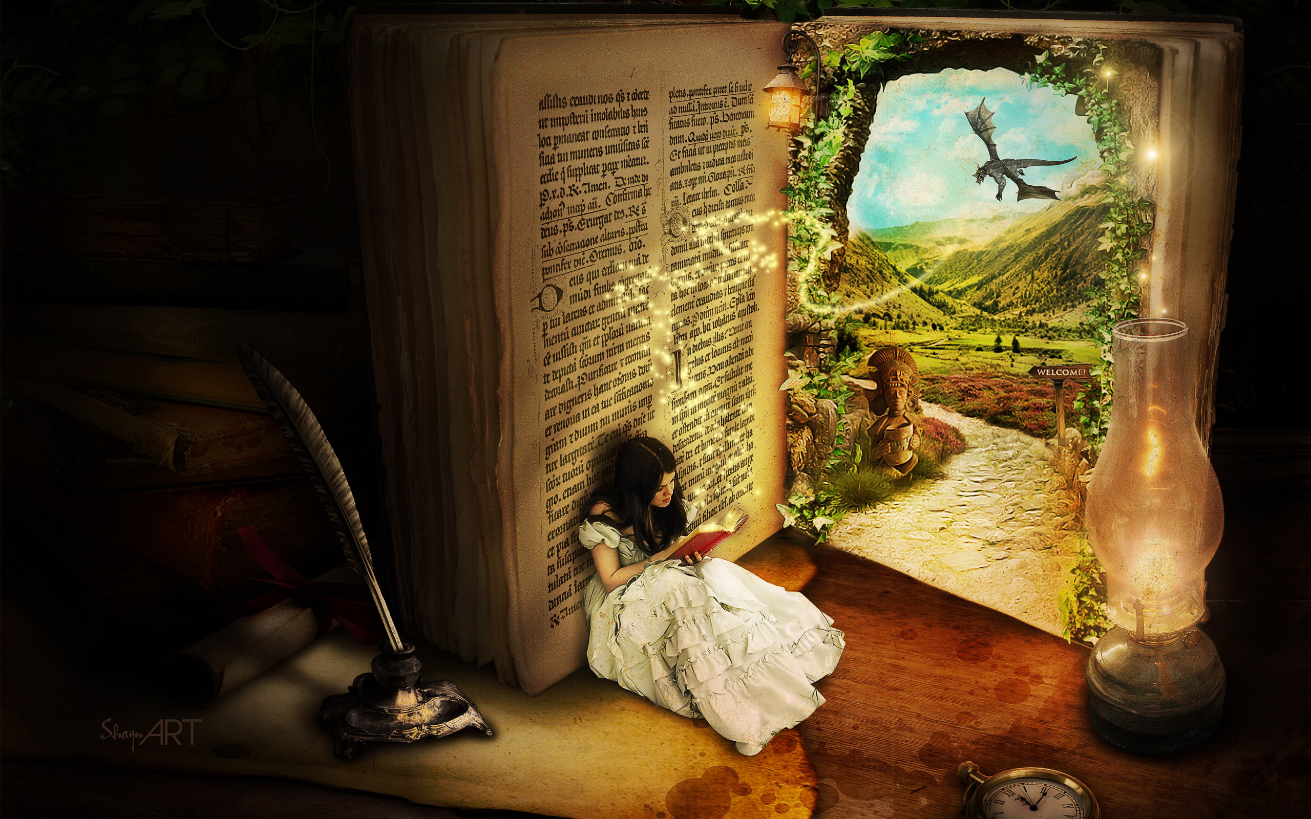 Girl Reading Fairy Tales Widescreen Wallpaper. Wide Wallpaper.NET