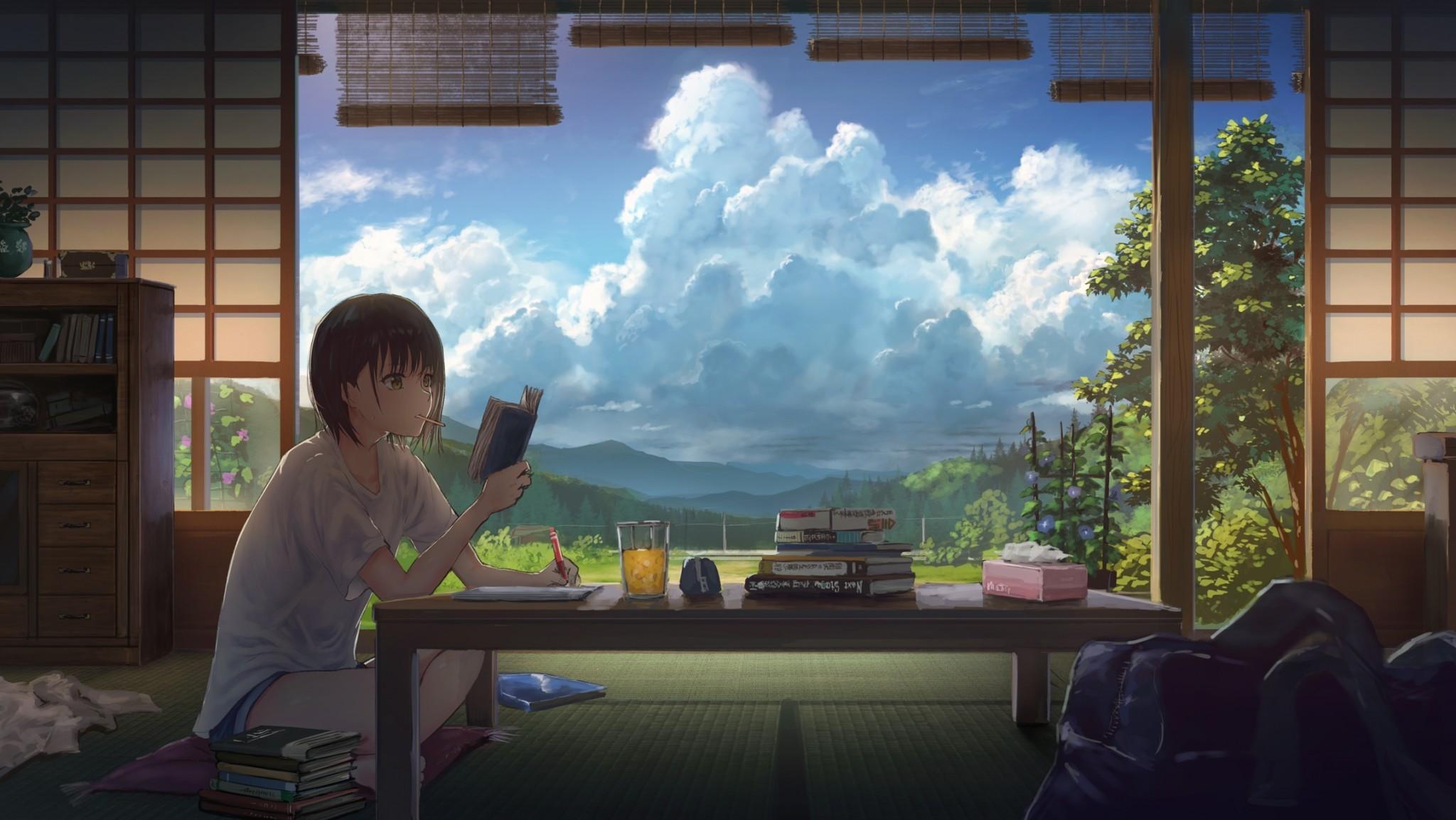 Download 2048x1154 Anime Girl, Reading, Summer, Clouds, Scenic
