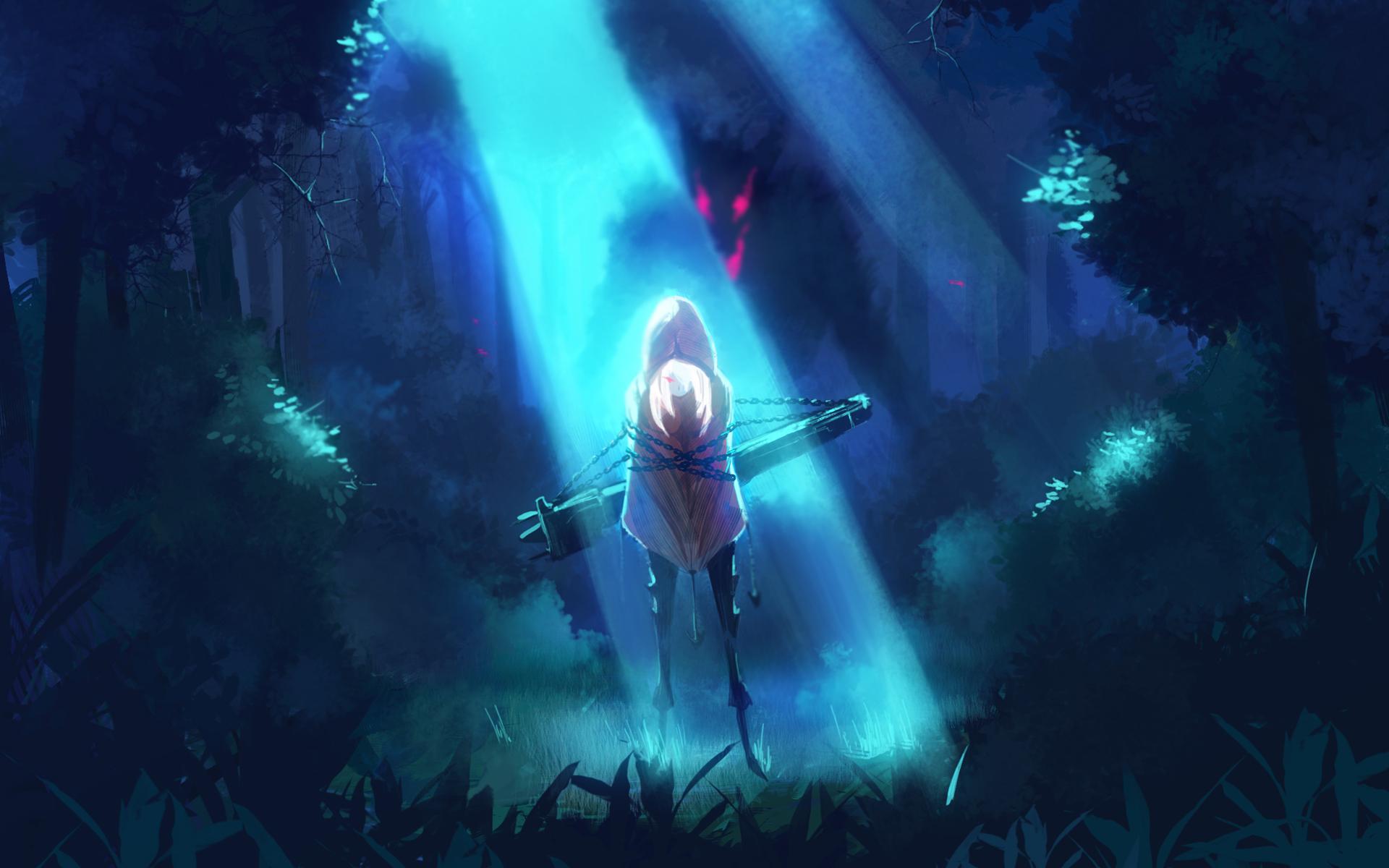 Anime Girl Forest Night Wolf HD Wallpaper