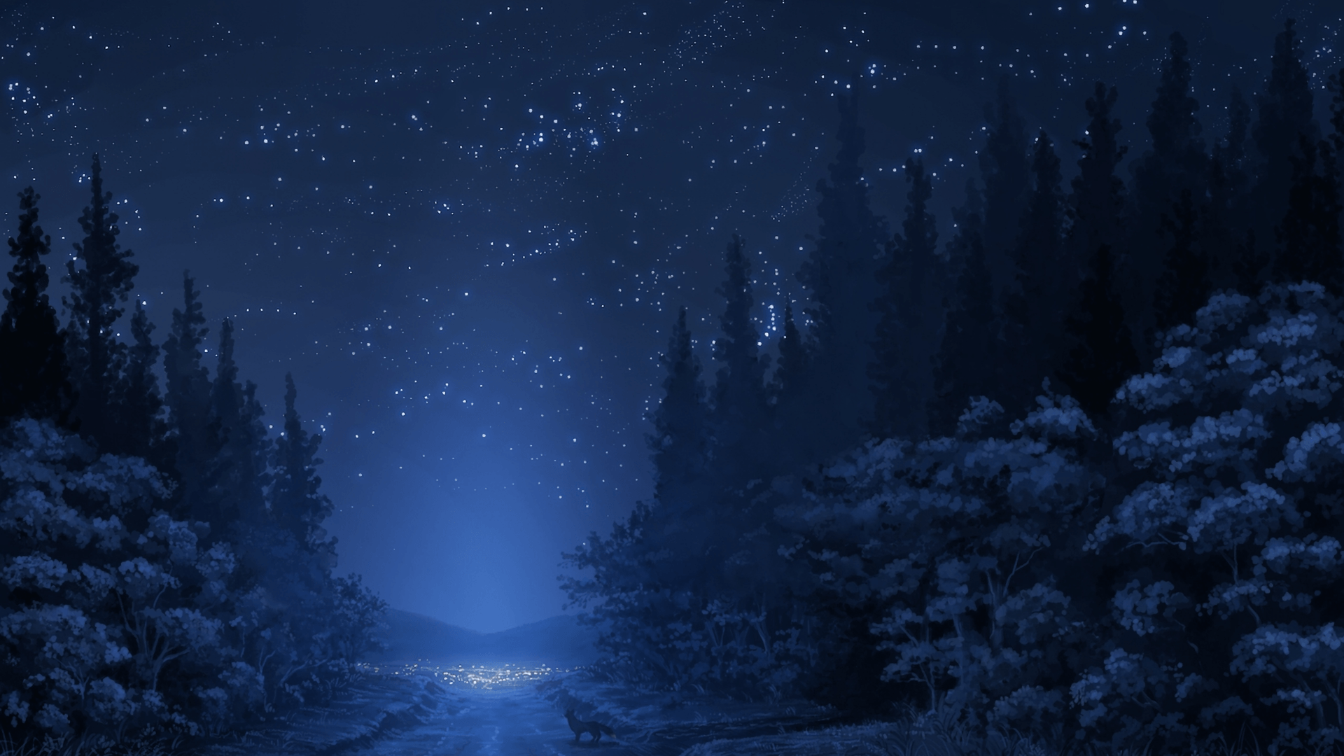 Download 1920x1080 Anime Landscape, Forest, Night, Stars, Wolf