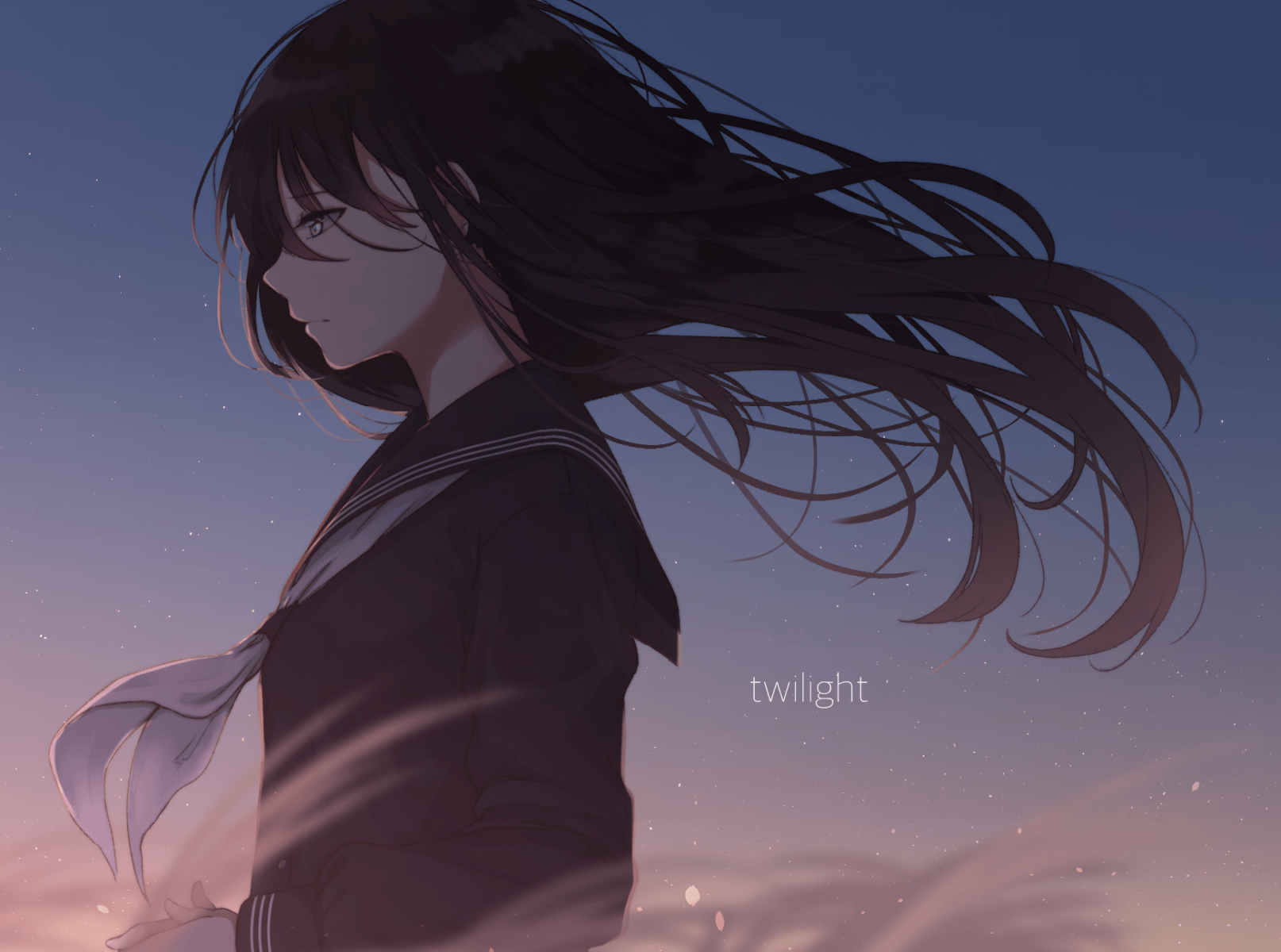 Download 1614x1200 Anime Girl, Sad, School Uniform, Windy, Black