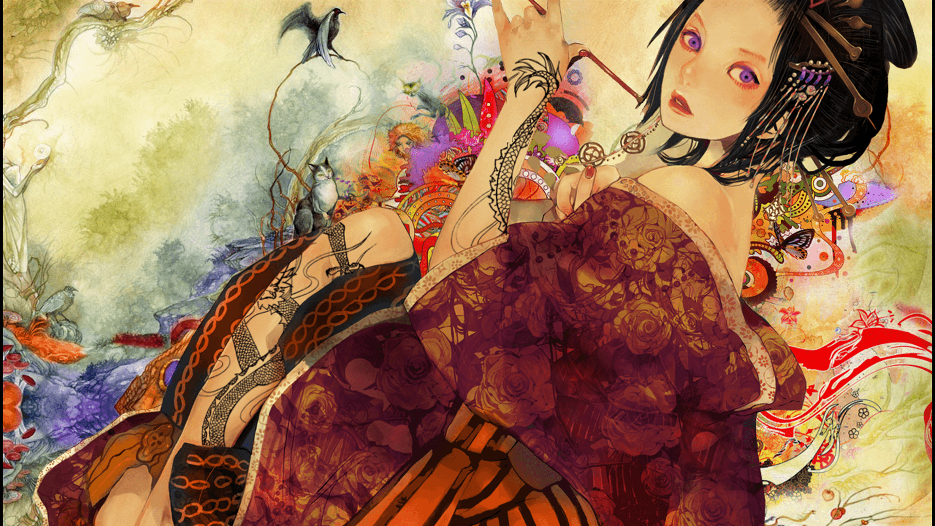 Wallpaper, anime girls, yakuza, digital art, geisha, kimono, tattoo
