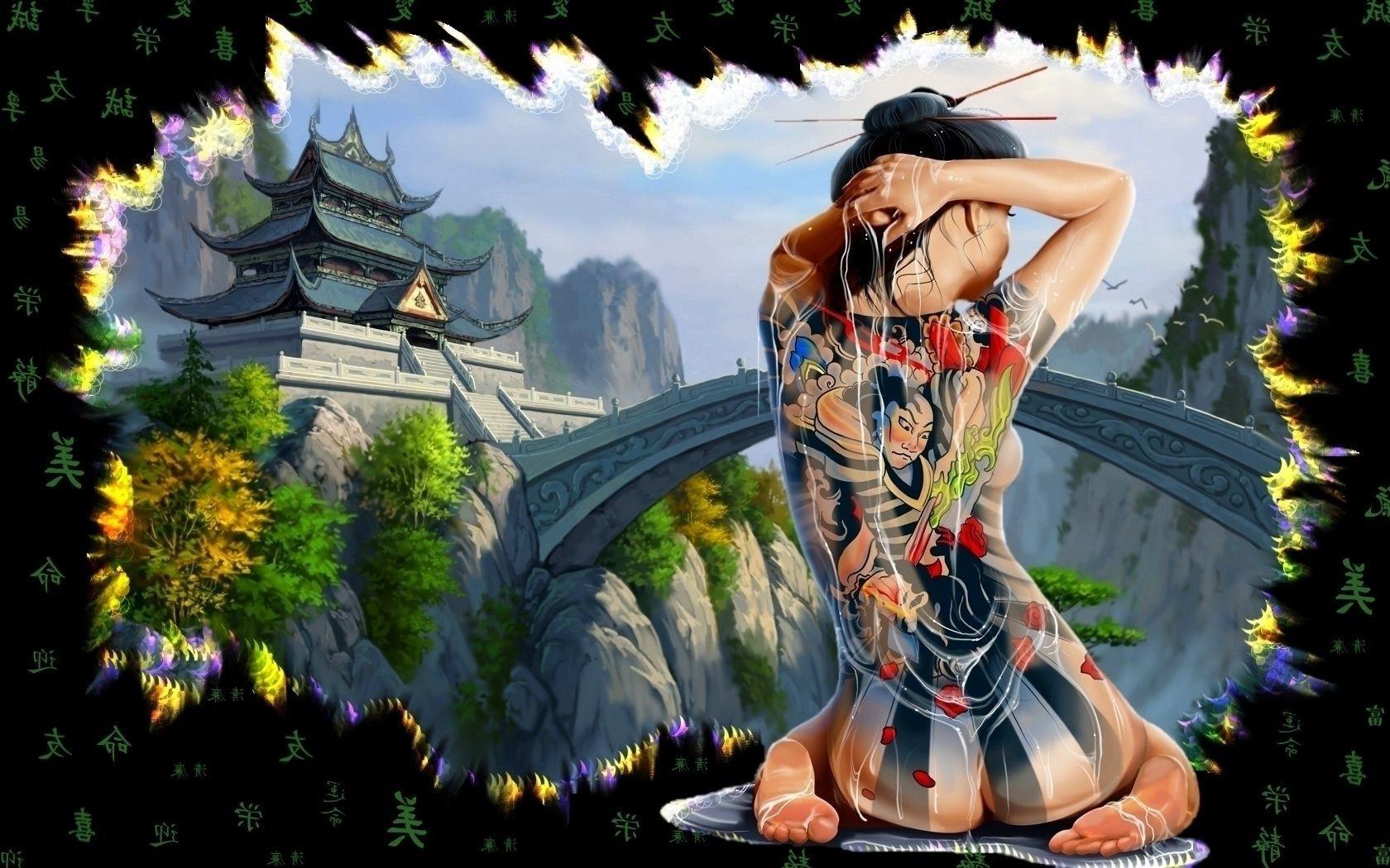 Japan castle geisha tattoo Yakuza girl back. Android wallpaper