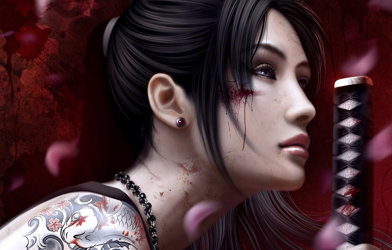 Wallpaper face, blood, katana, tattoo, Asian, arm, The Yakuza image