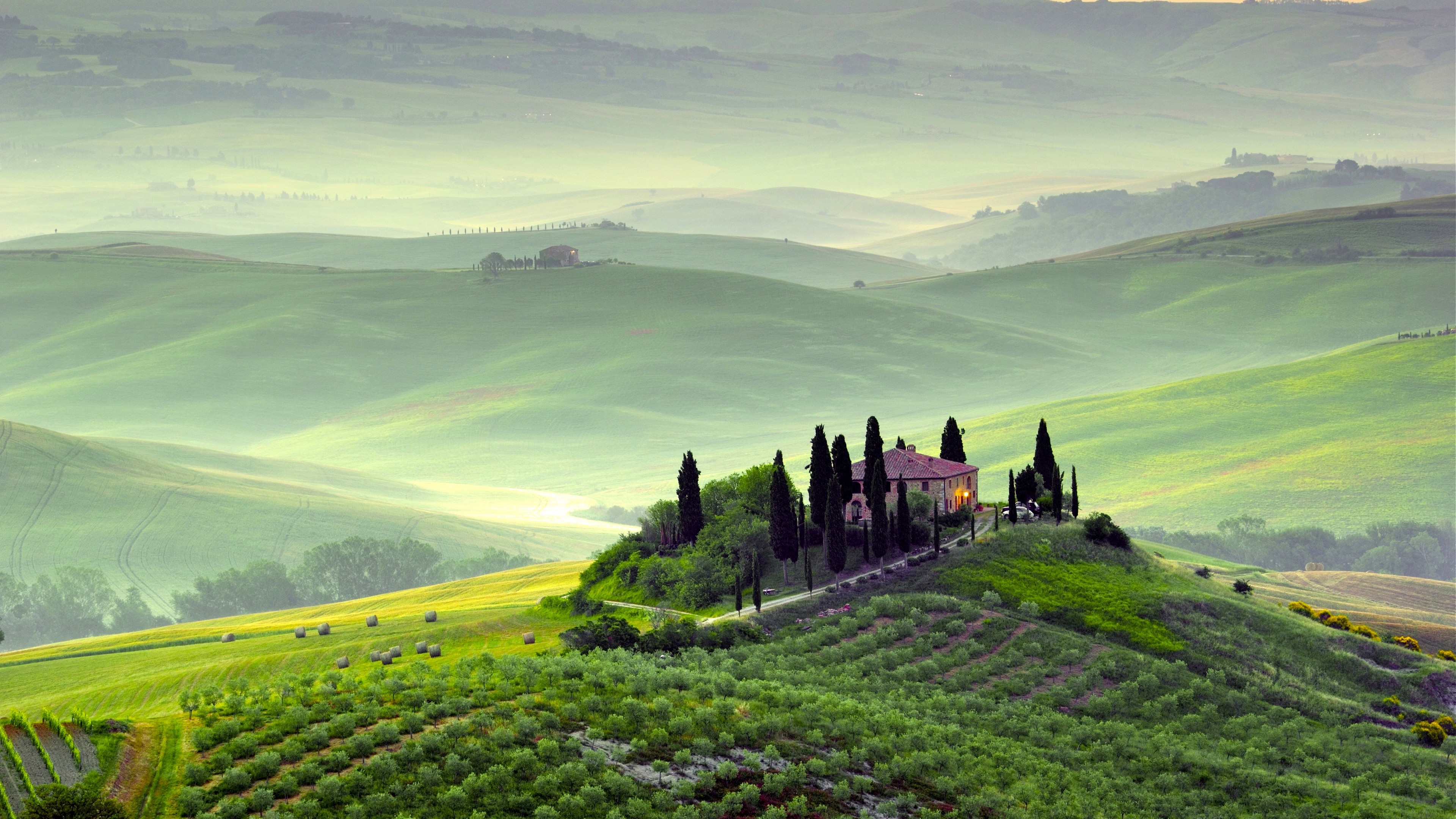 Wallpaper Tuscany, 4k, HD wallpaper, Italy, Hills, meadows, house, fog, Nature