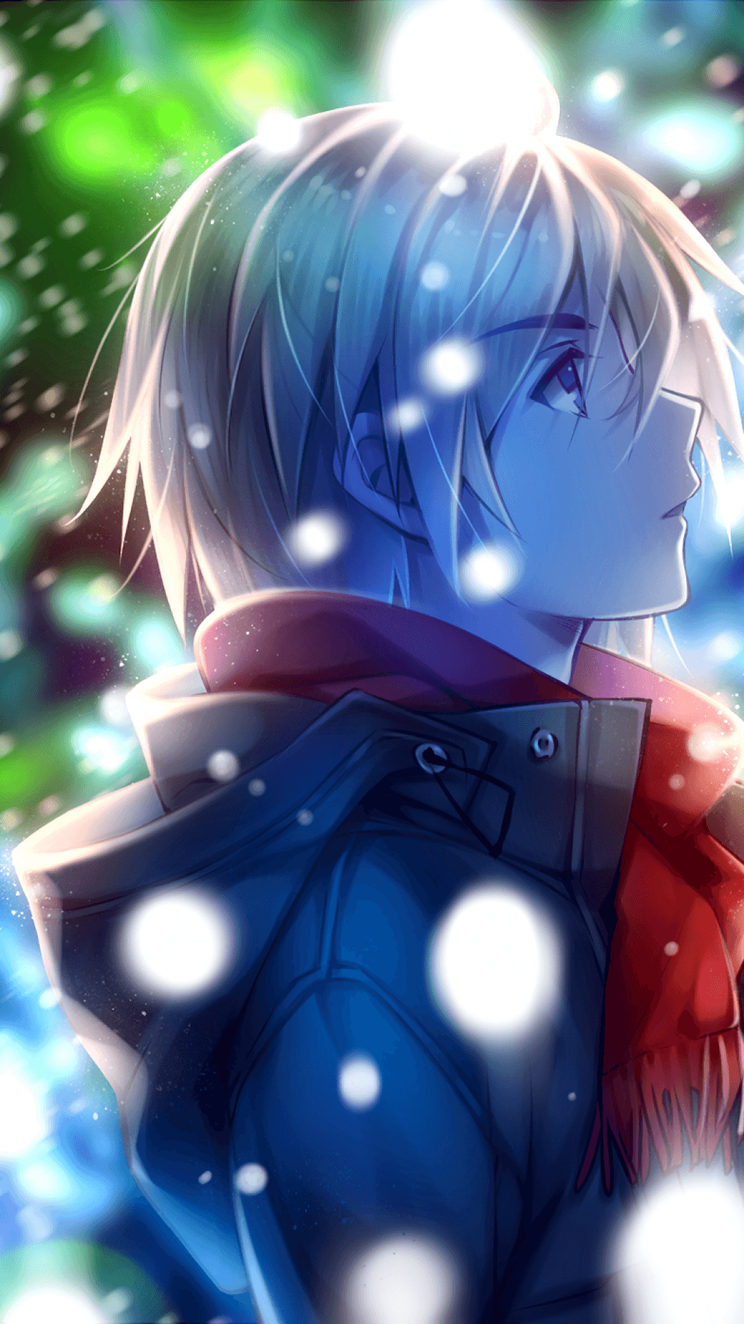 Download 1080x1920 Anime Boy, Profile View, Red Scarf, Winter, Snow