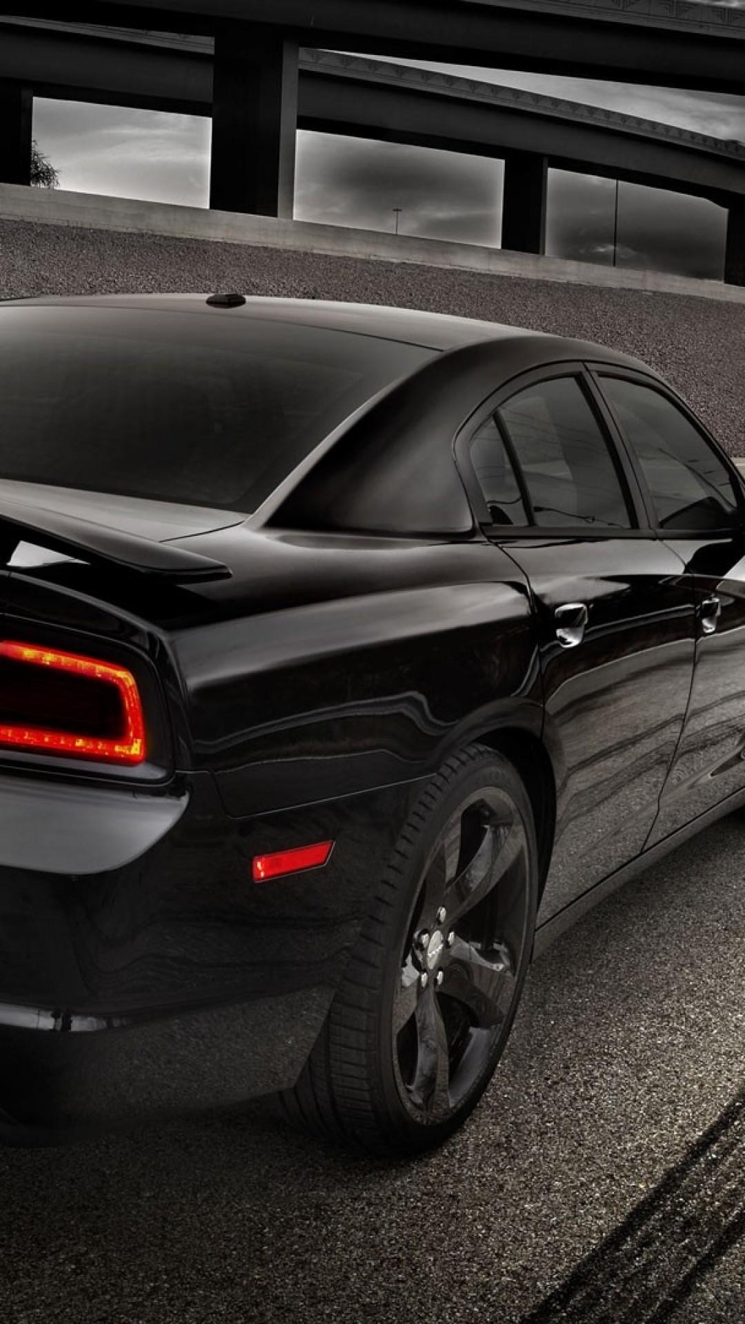 Download 1080x1920 Dodge Charger, Black, Back View, Road, Cars