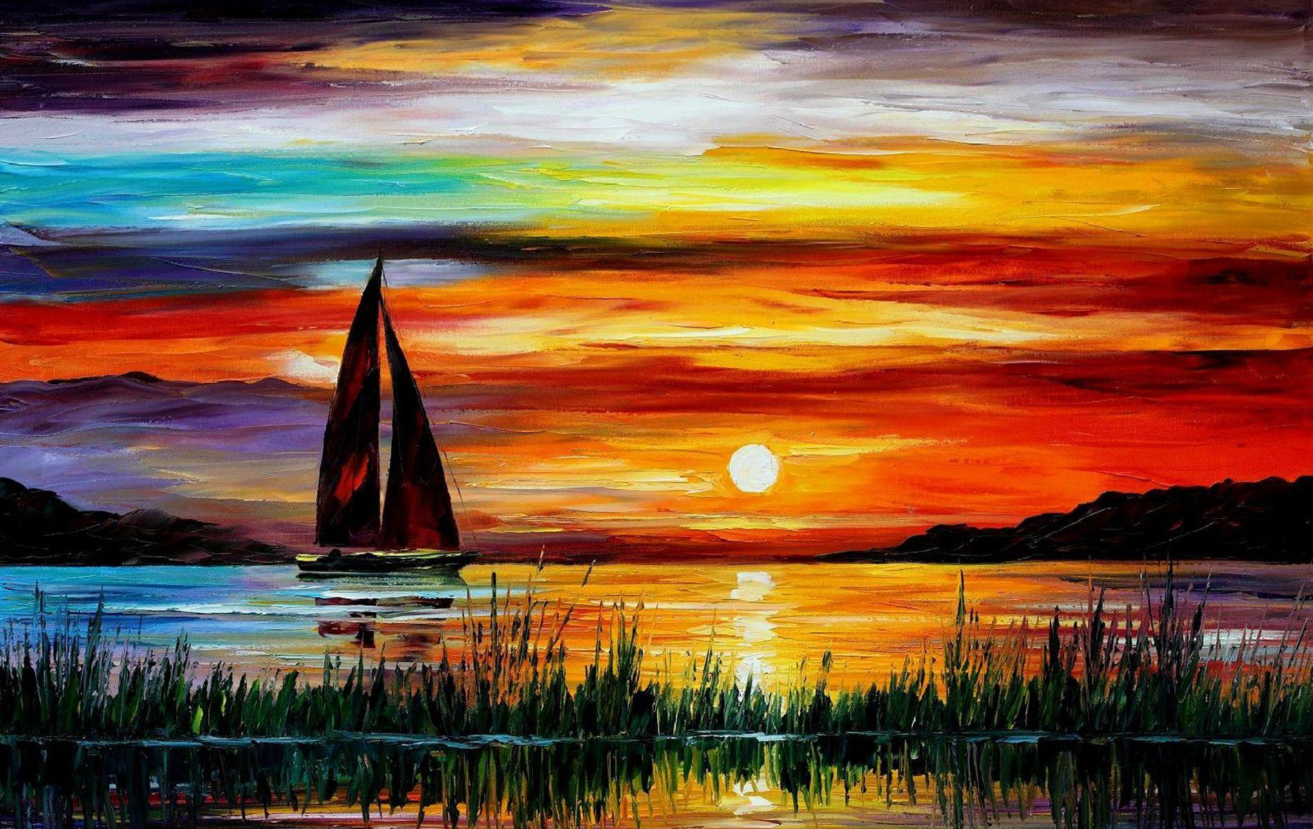 Florida Leonid Afremov Sunset Sea Boat Painting Wallpaper Wow! So