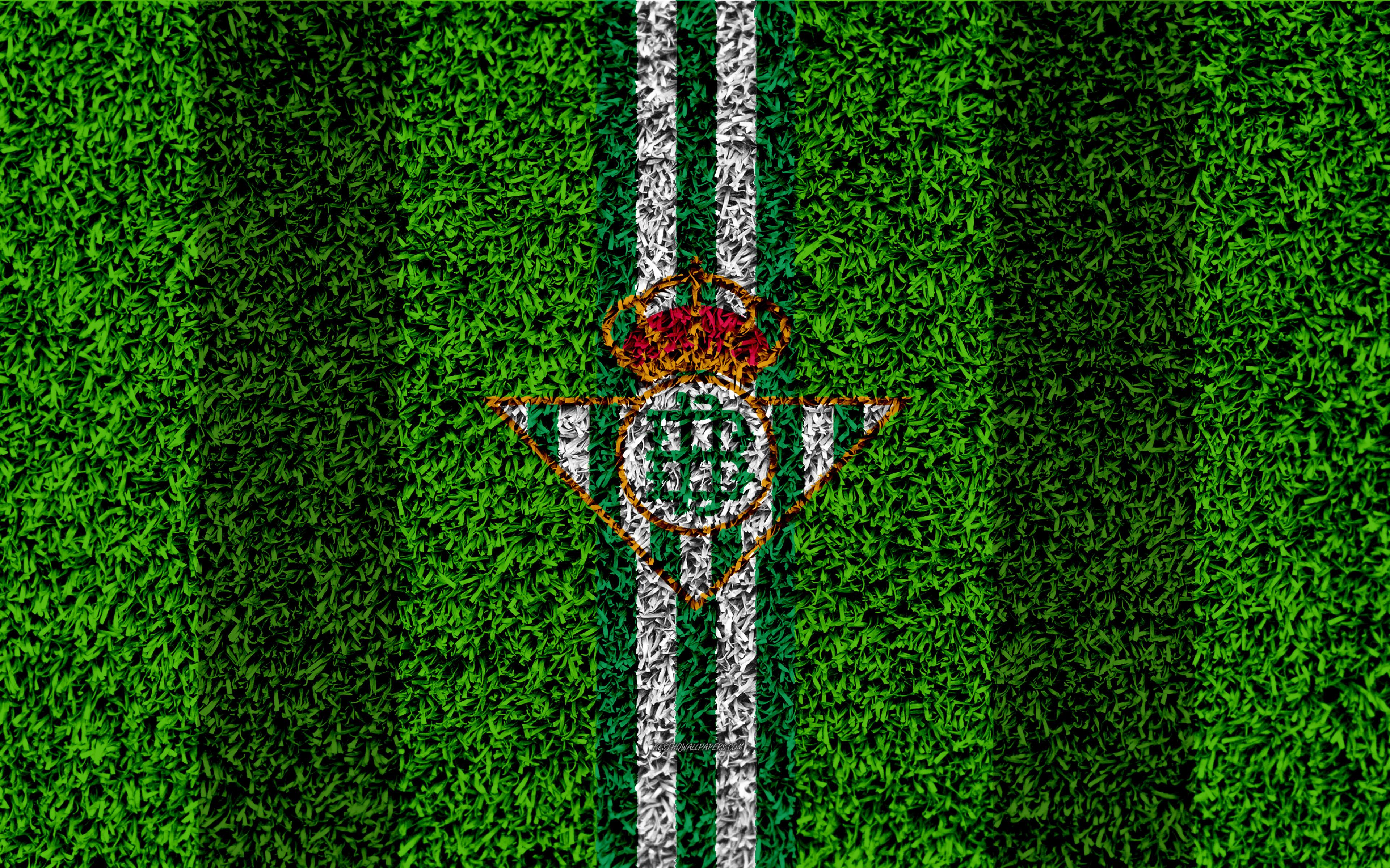 Download wallpaper Real Betis FC, 4k, logo, football lawn, Spanish
