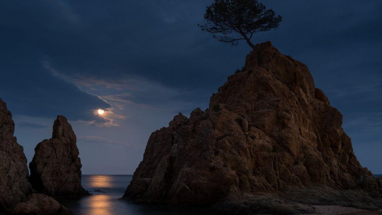 Tossa de Mar Costa Brava Spain moonlight sea mountain wallpaper