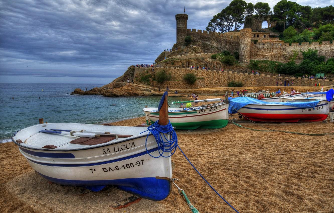 Wallpaper sand, sea, beach, coast, boats, fortress, Spain, Spain