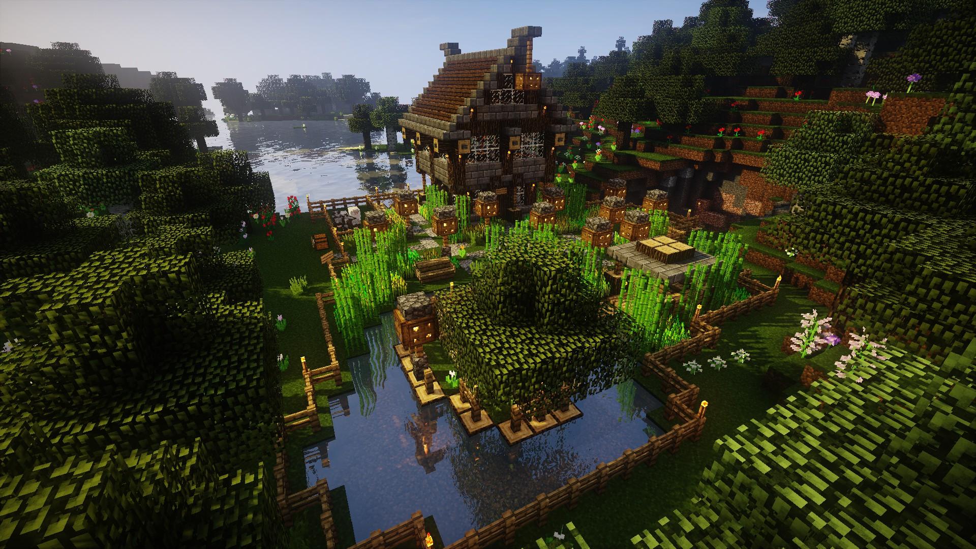 Wallpaper, Minecraft, video games, farm, house, forest, oak trees