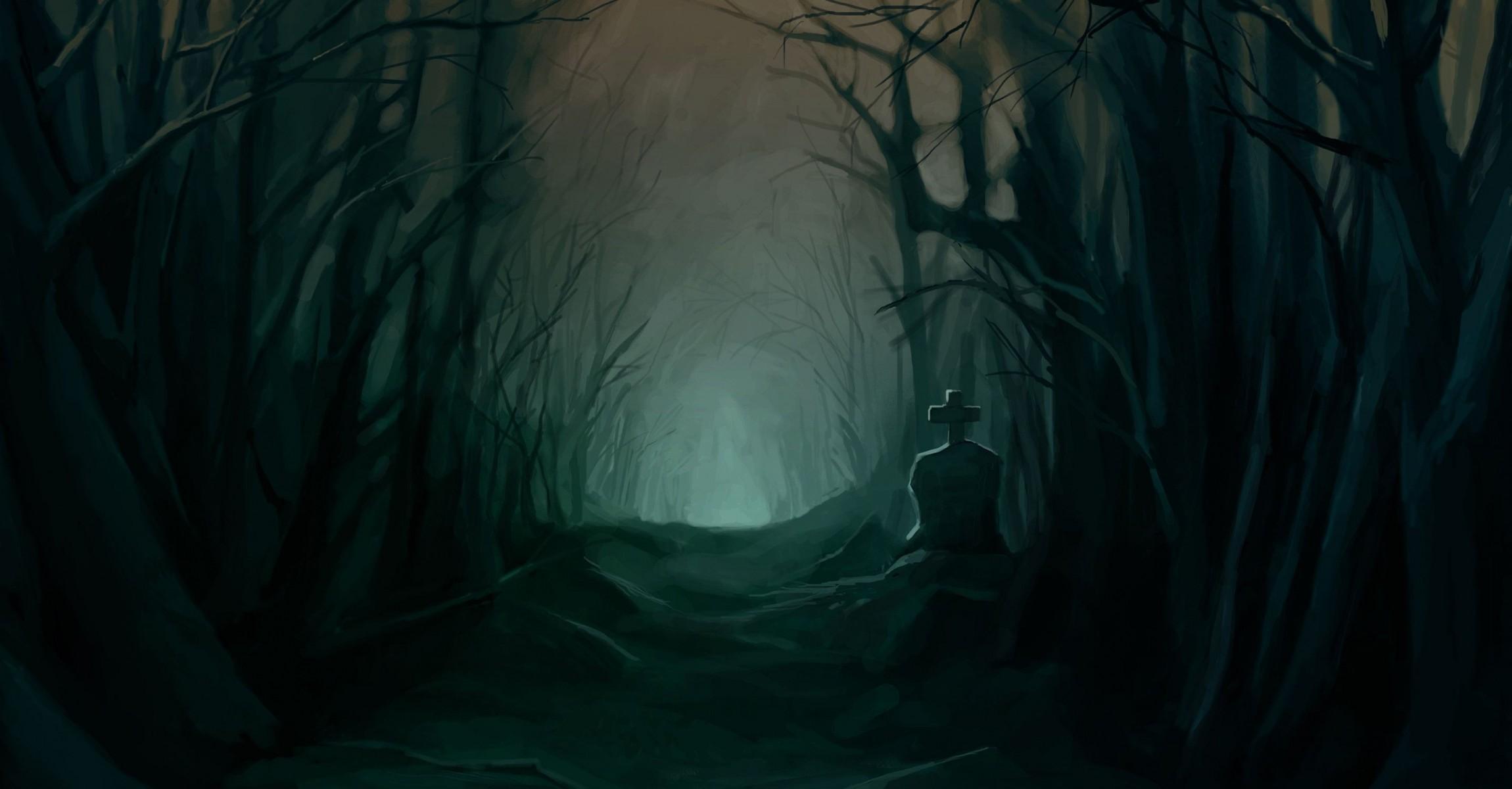 Download 2300x1200 Dark Forest, Creepy, Grave, Path, Scary, Trees