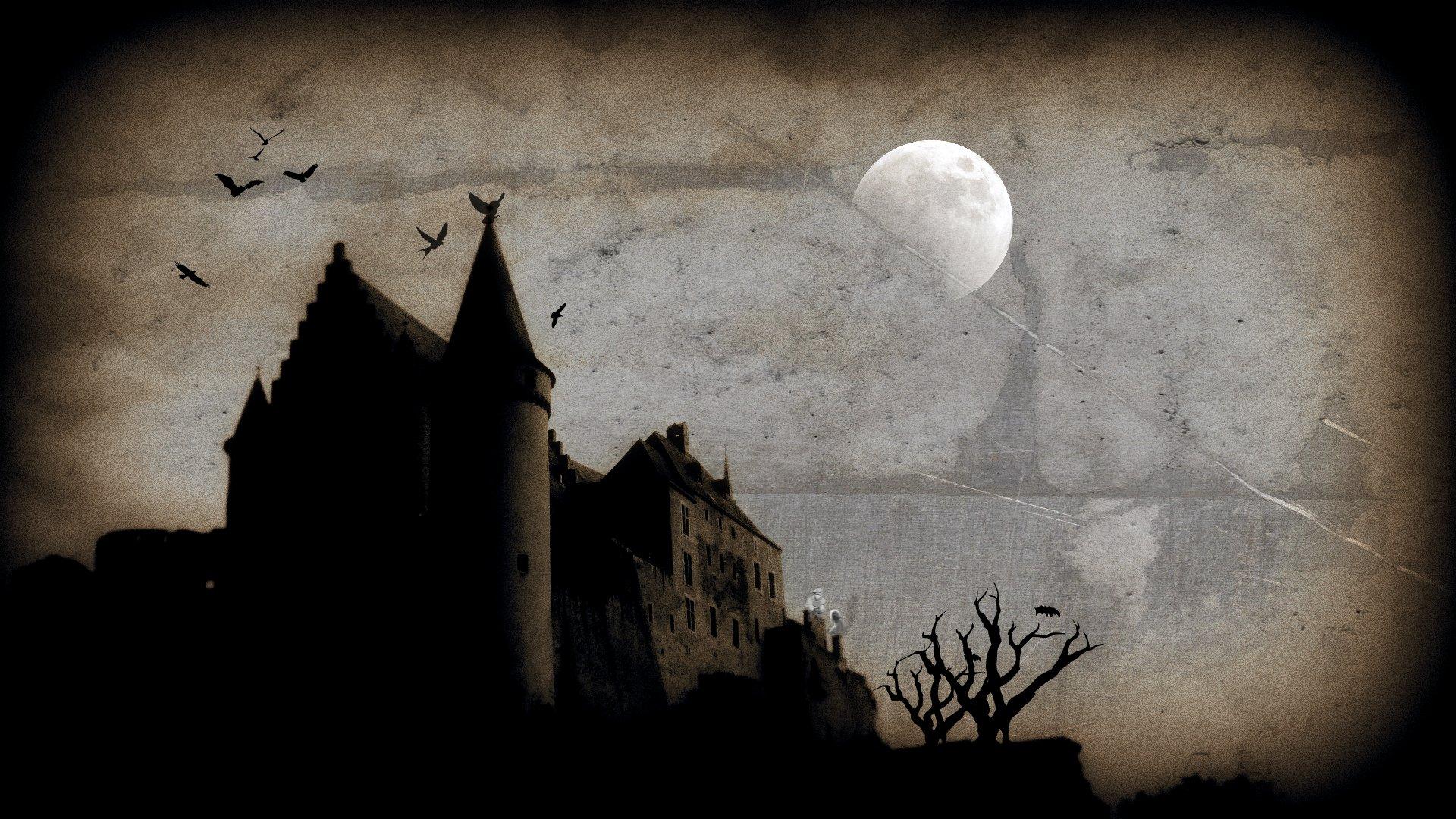 Wallpaper, night, horror, sky, Halloween, Moon, castle, texture, atmosphere, sad, grave, arch, evil, ghosts, cloud, scary, darkness, flickraward, computer wallpaper, black and white, monochrome photography, astronomical object, still life photography
