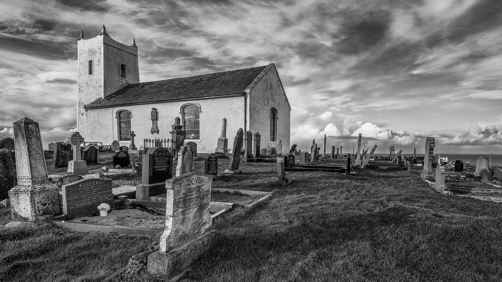 architecture monochrome grass clouds church cemetery grave england