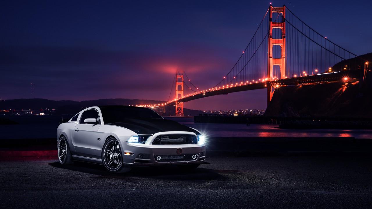 Wallpaper Ford Mustang, Golden Gate Bridge, Night, Automotive / Cars