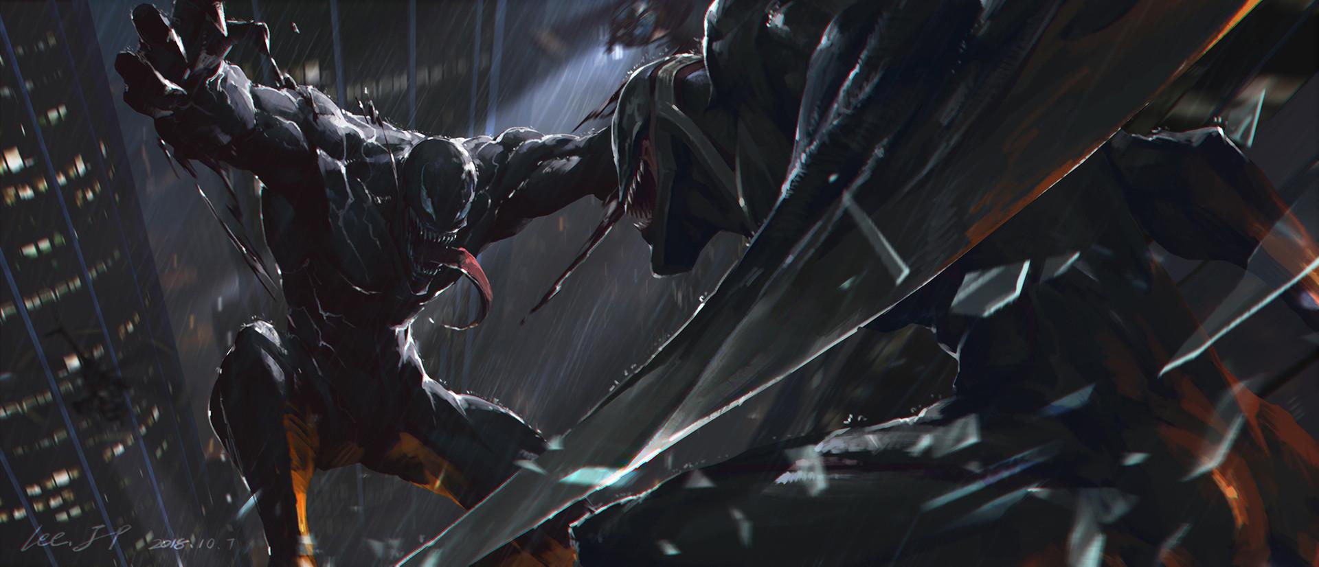 Wallpaper, digital art, Venom, Riot Symbiote, city, night, rain, creature, Marvel Comics 1920x826