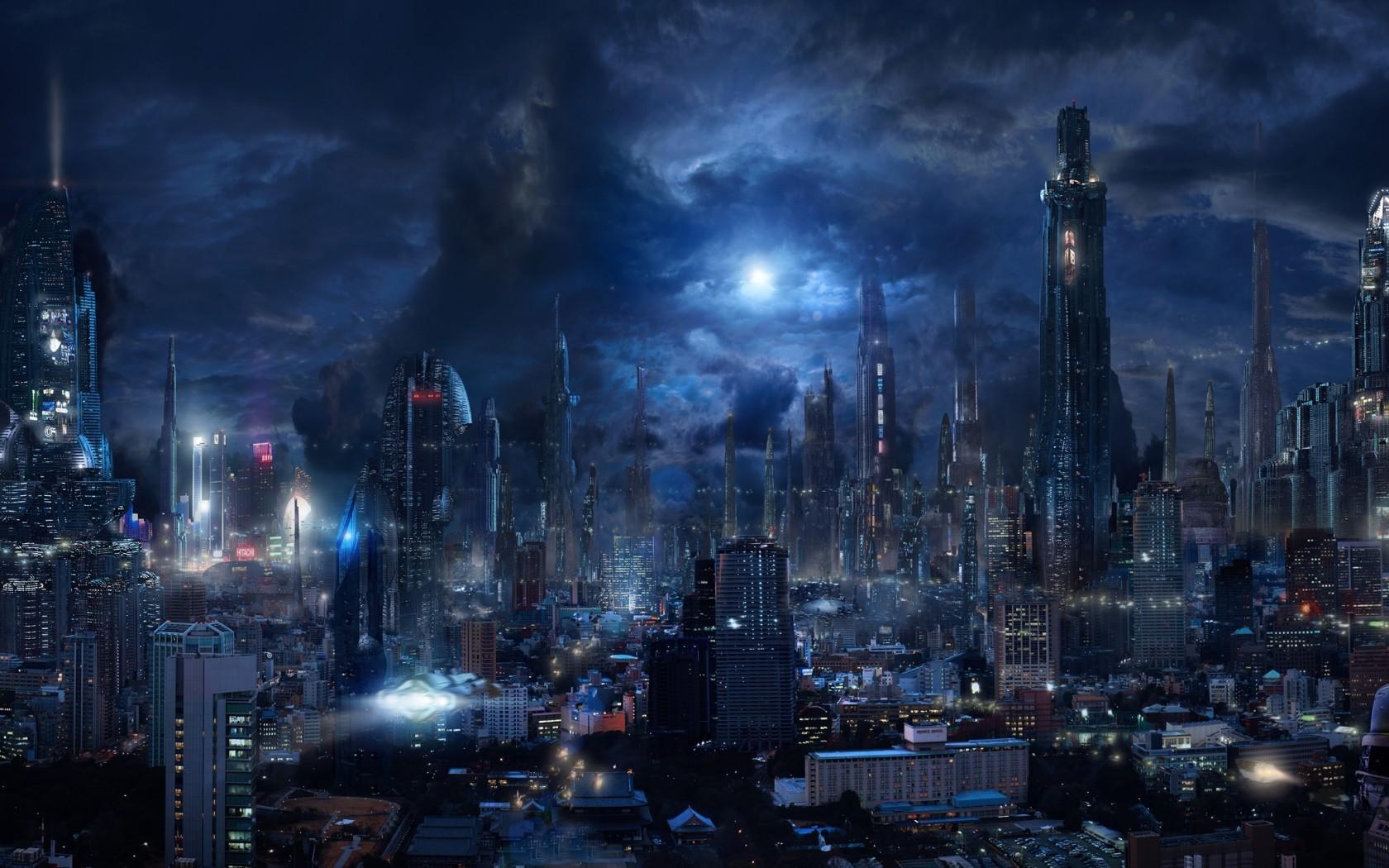 Download 1680x1050 Futuristic City, Sci Fi, Skyscrapers, Night, Dark