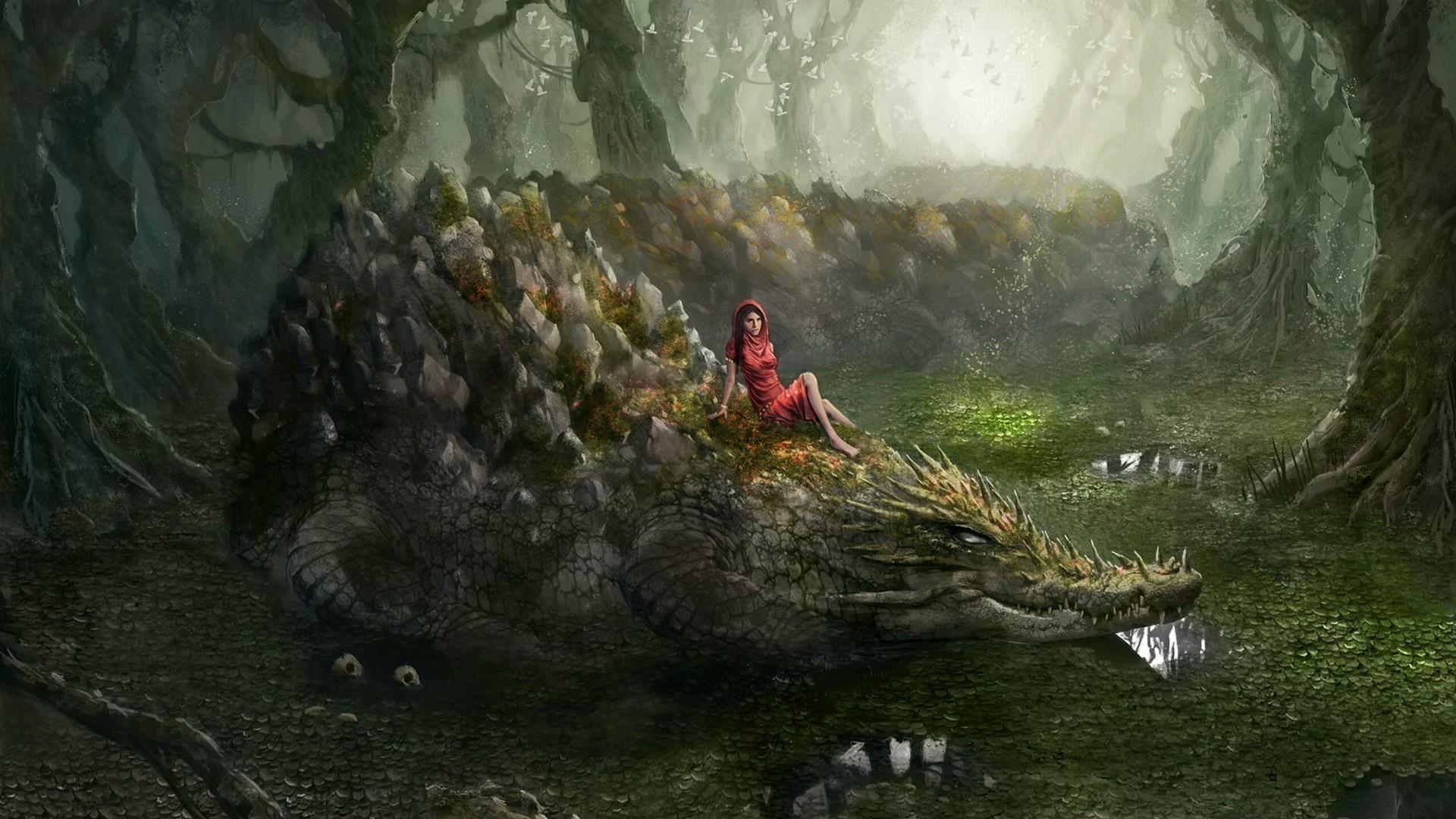 The girl on the crocodile. Android wallpaper for free