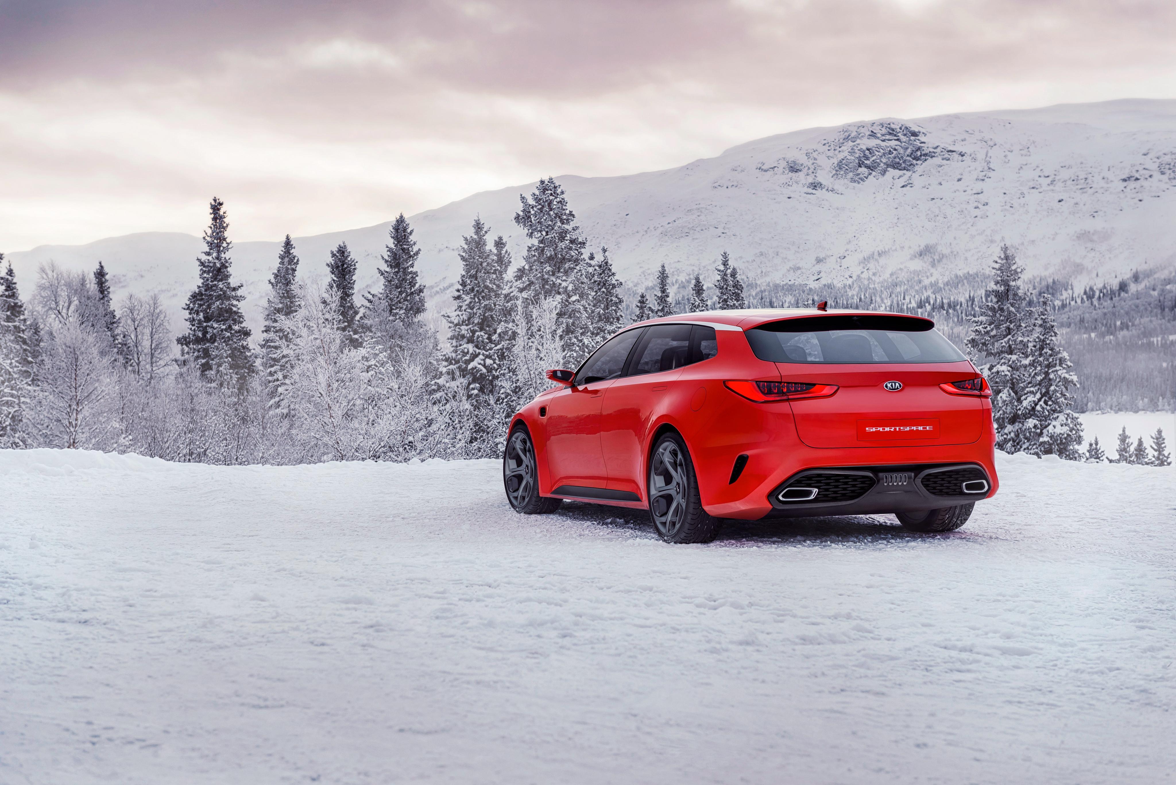 Wallpaper, red, snow, side view, sports car, driving, Kia, Concept