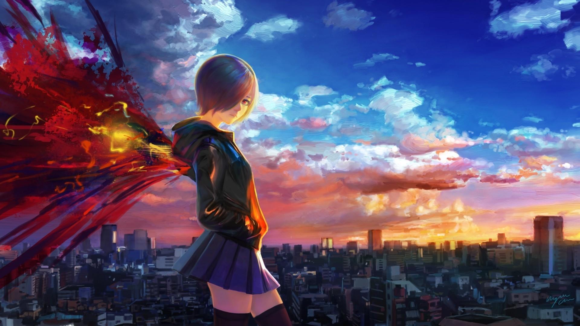 Download 1920x1080 Kirishima Touka, Wings, Transform, Cityscape