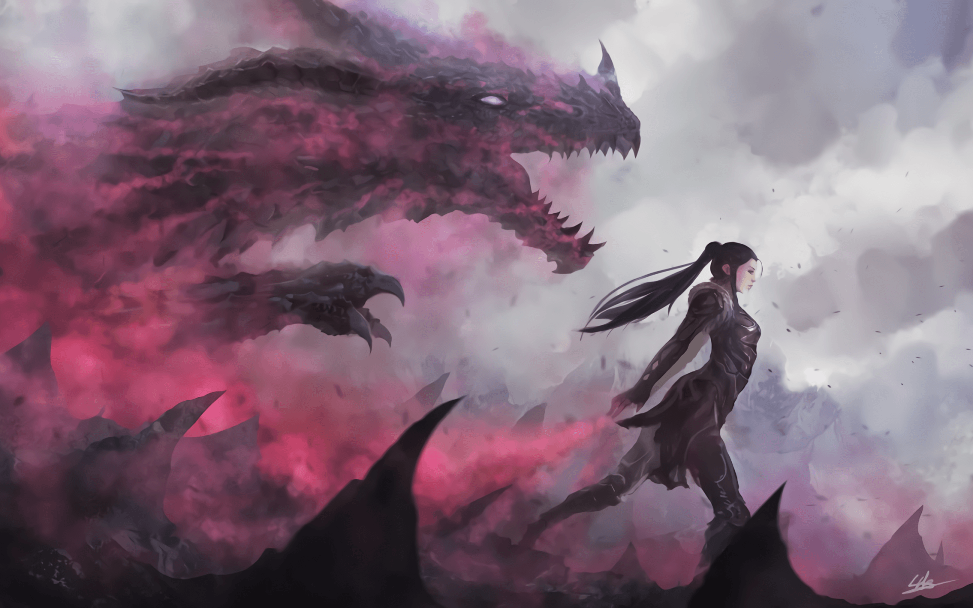 Download 1920x1200 Fantasy Creature, Dragon, Girl, Smoke, Black Hair