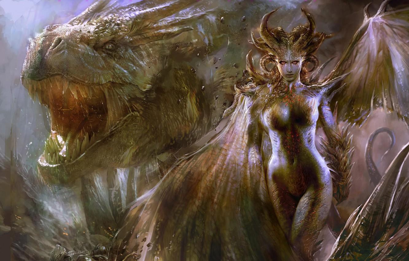 Wallpaper dragon, Girl, the demon image for desktop