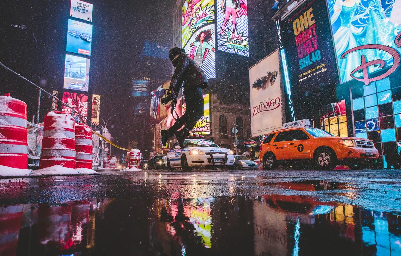 Wallpaper winter, reflection, street, New York, neon, camera, mirror, puddle, male, Manhattan, cars, cones, floating, United States, Times Square image for desktop, section город