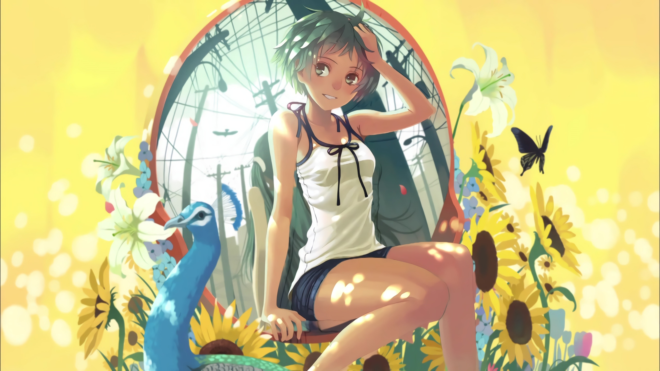 Download 2560x1440 Monogatari Series, Anime Girl, Sunflowers, Summer