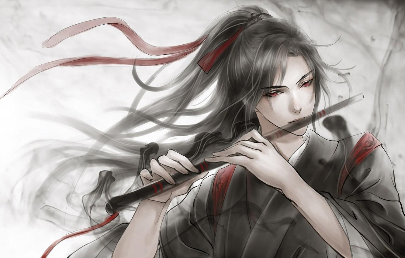 Wallpaper grey background, flute, red eyes, long hair, red ribbon