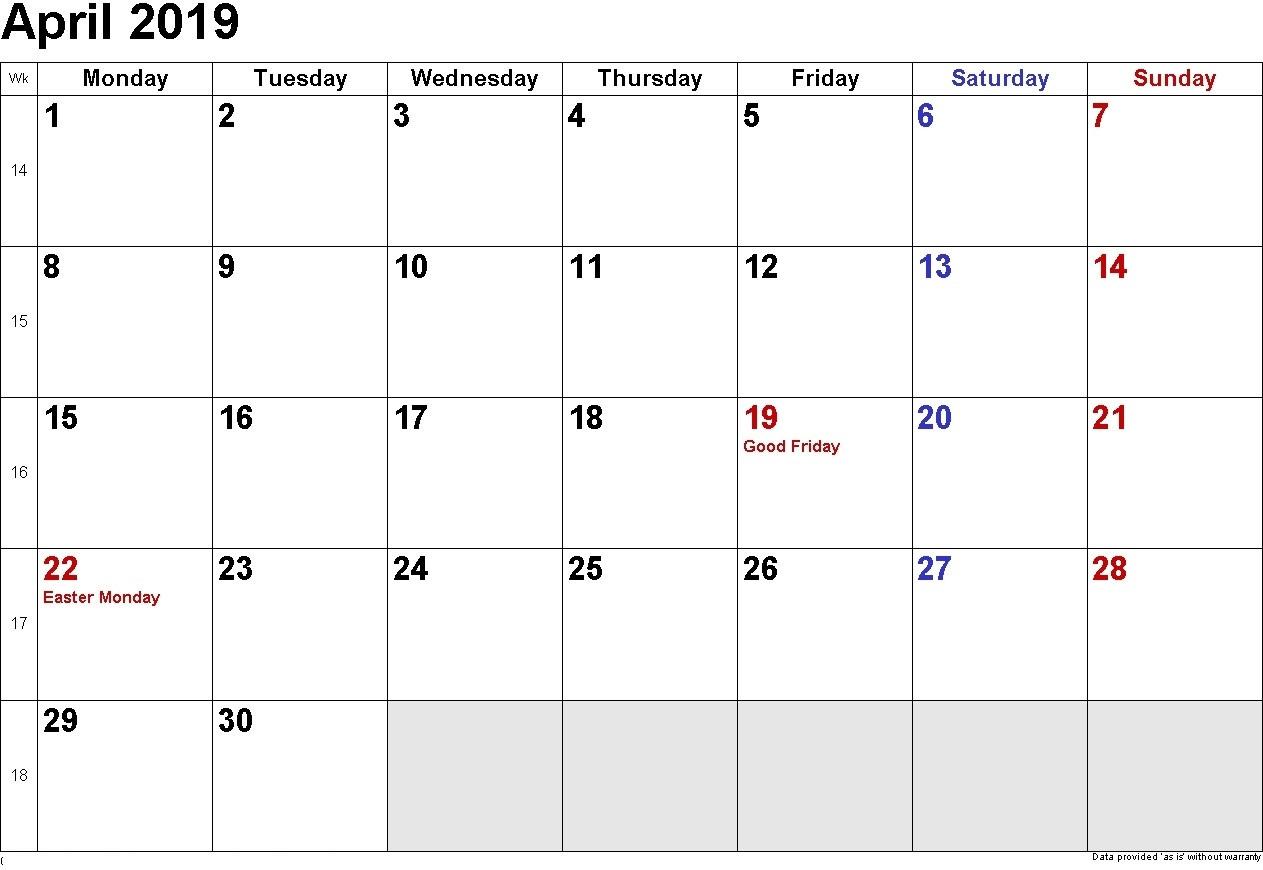 April 2019 Calendar With Holidays Printable Calendar