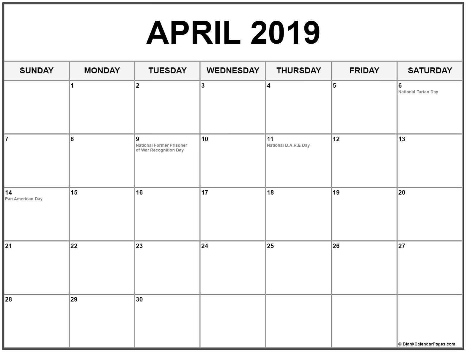 April 2019 Calendar in PDF Word Excel Printable