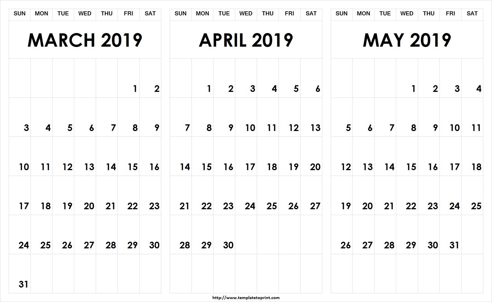 March April May 2019 Calendar in PDF Word Excel Printable