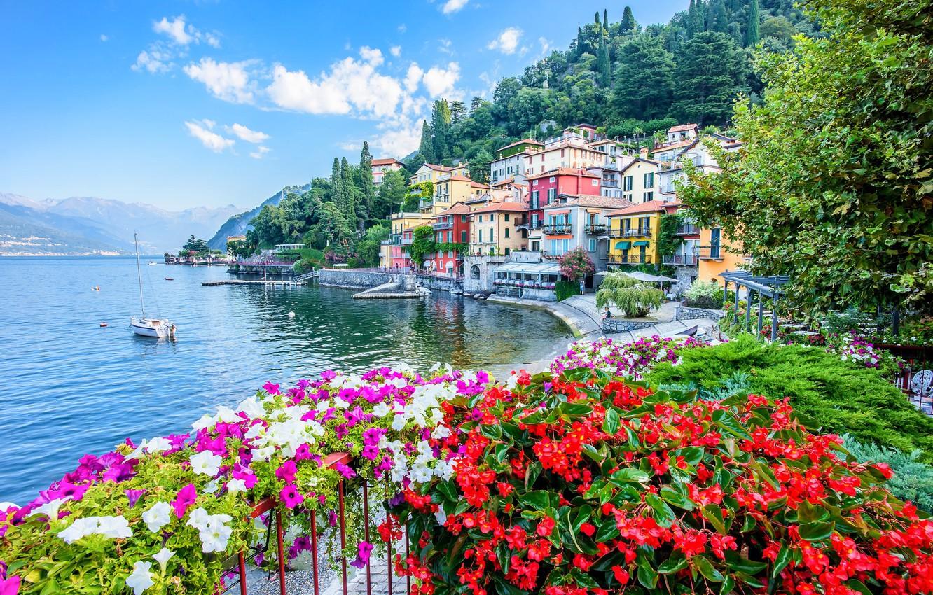 Wallpaper flowers, lake, building, home, yacht, Italy, promenade