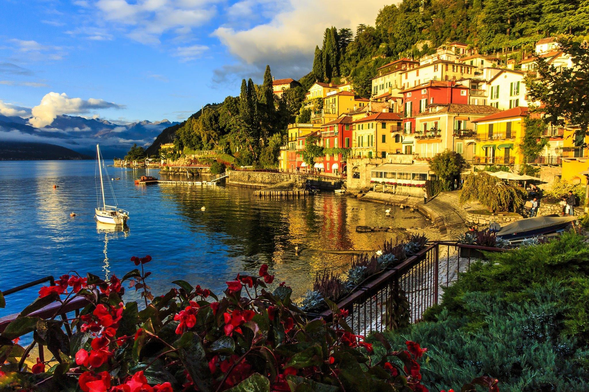 Wallpaper Flowers, buildings, houses, yacht, Italy, embankment, Lake
