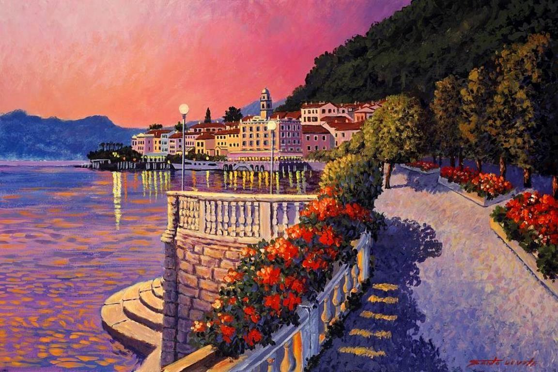 Color wallpaper: Bellagio Lake Como Flowers Sunset