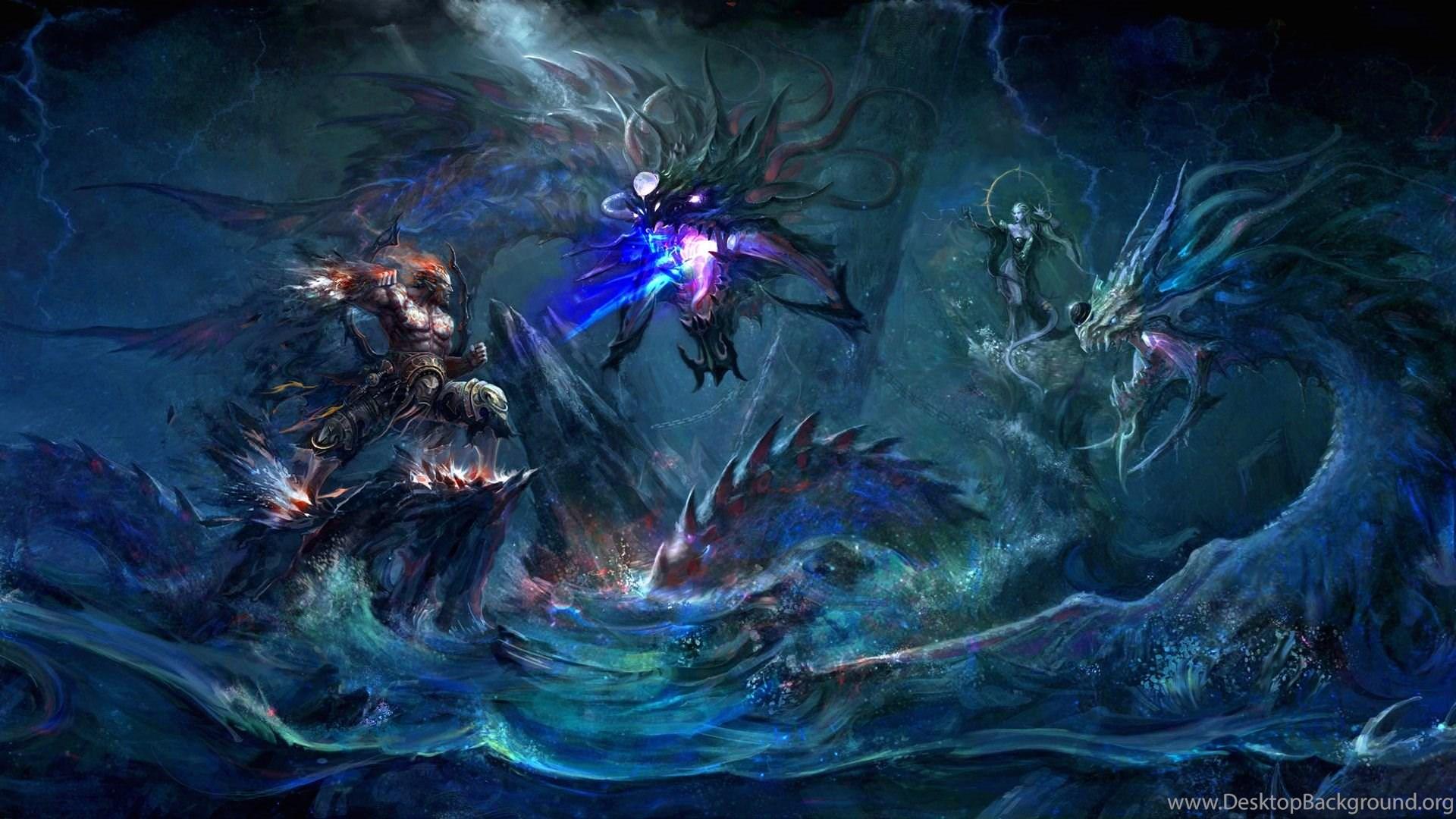 Dark, Fantasy, Warrior, Dragon, Women, Ocean, Magic wallpaper Desktop Background