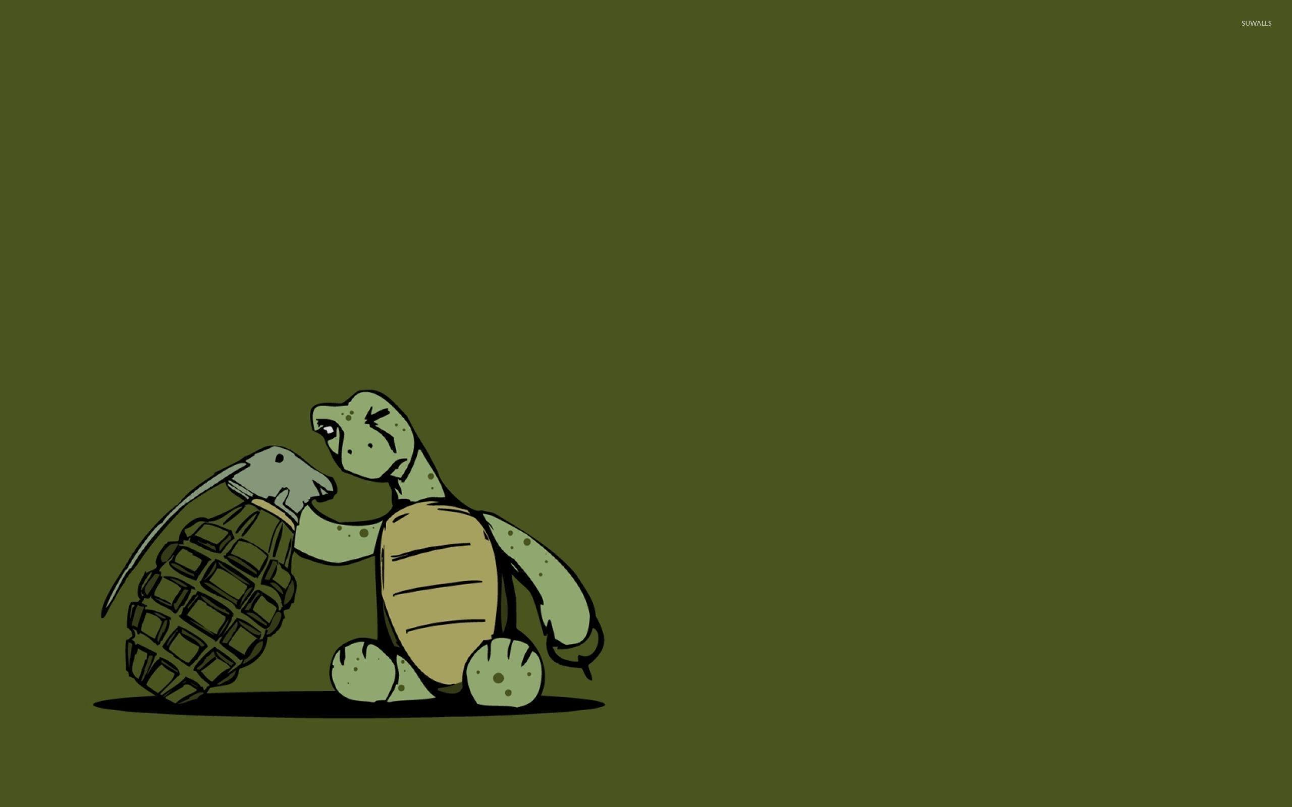 Turtle inspecting a grenade wallpaper wallpaper