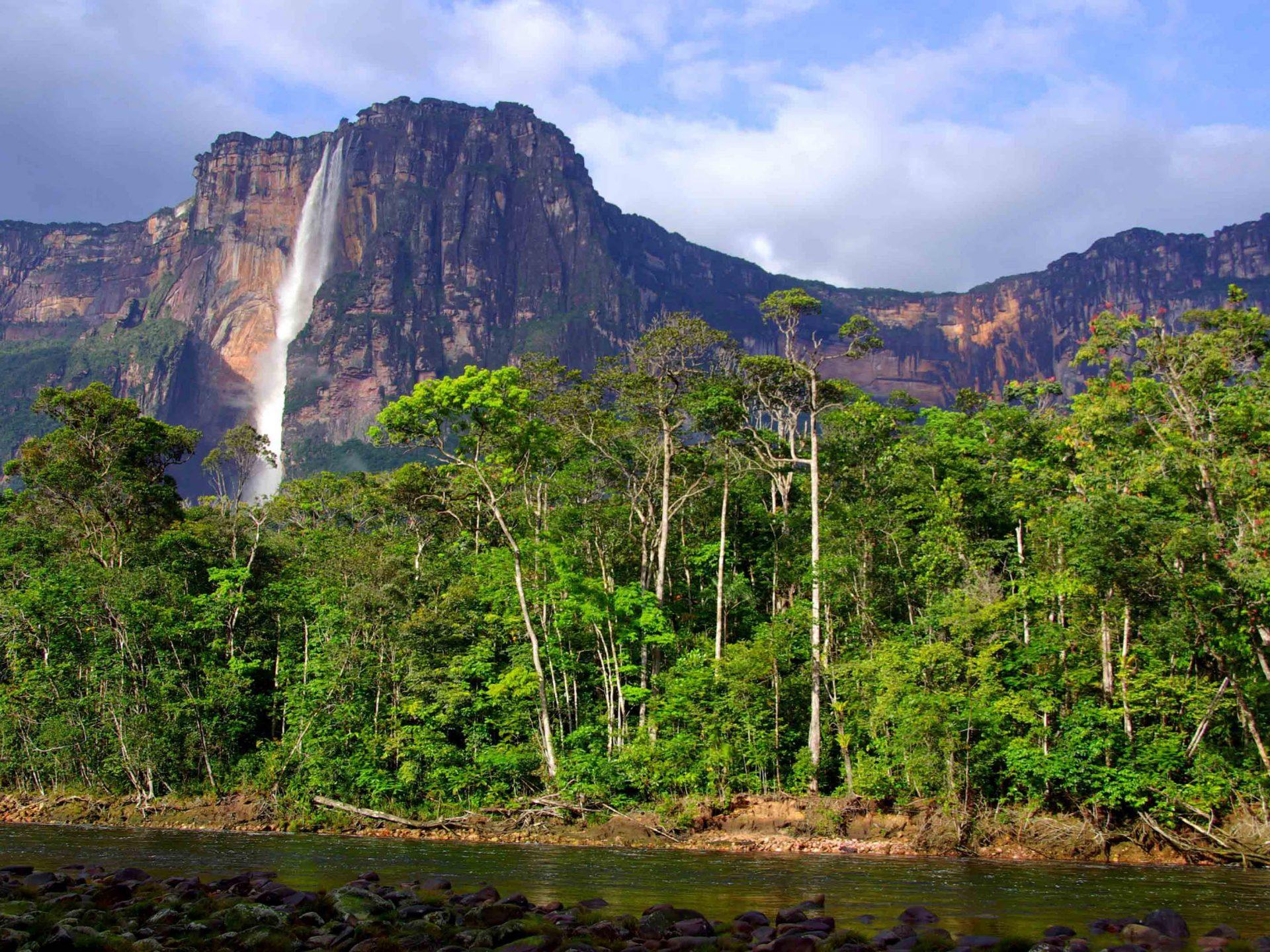 Angel Falls In Venezuela High Rocky Mountains, Tropical Forest With
