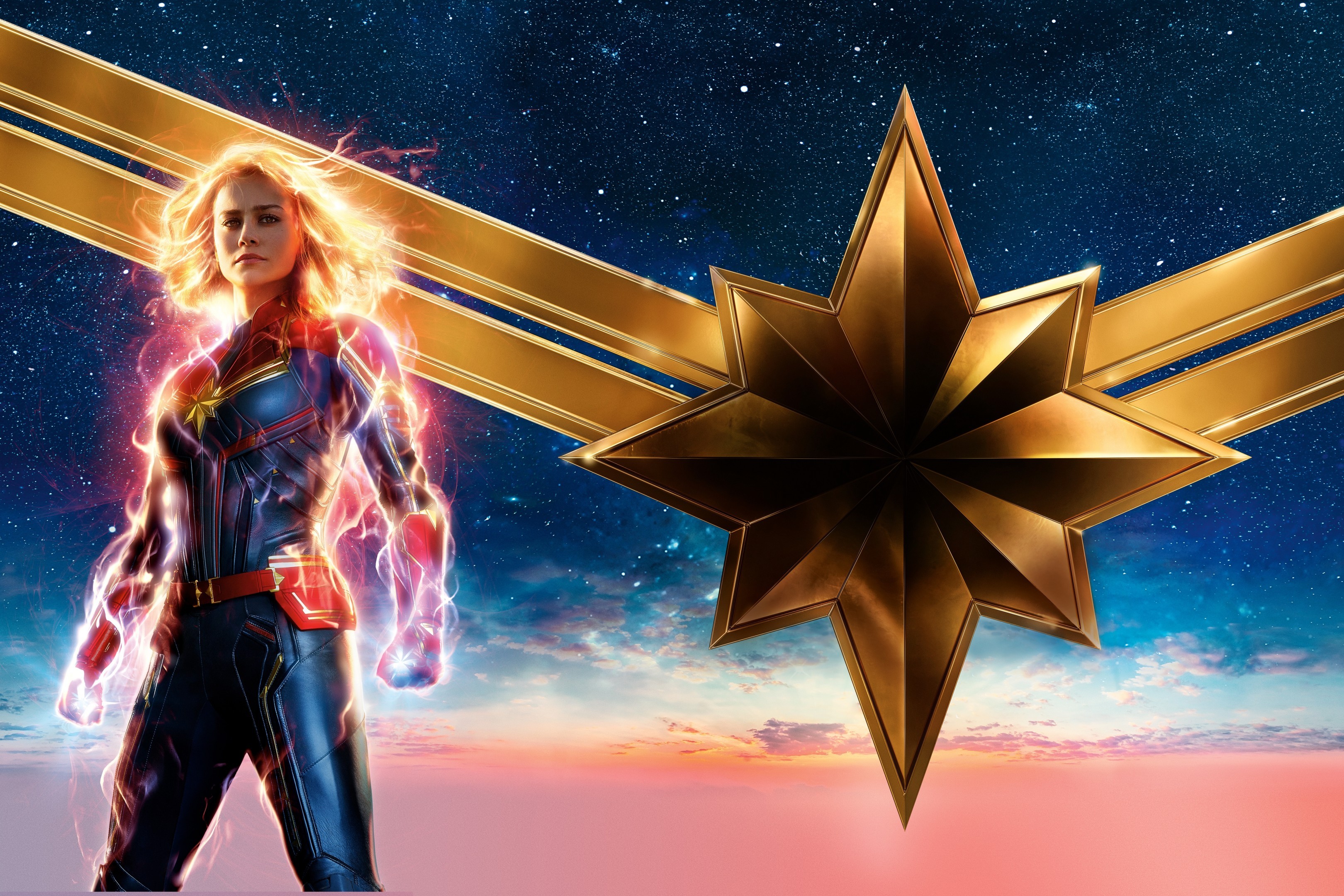 Download 3240x2160 Captain Marvel, Stars, Flames, Fantasy Movies