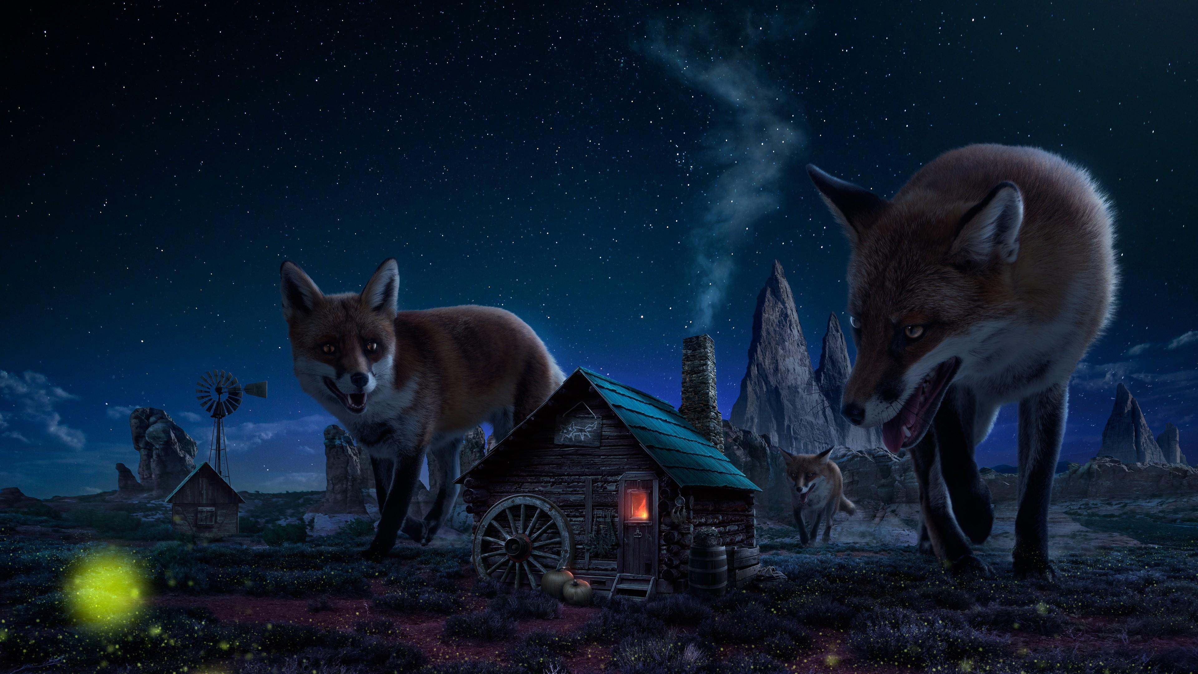 Giant Red Fox In A Little Village Art 4K UltraHD Wallpaper