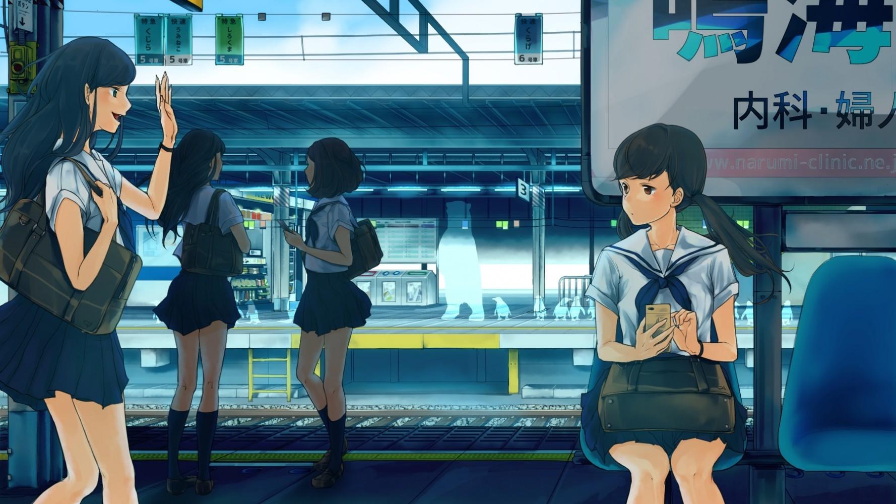 Download 1778x1000 Anime Girls, Train Station, School Girls, Friends