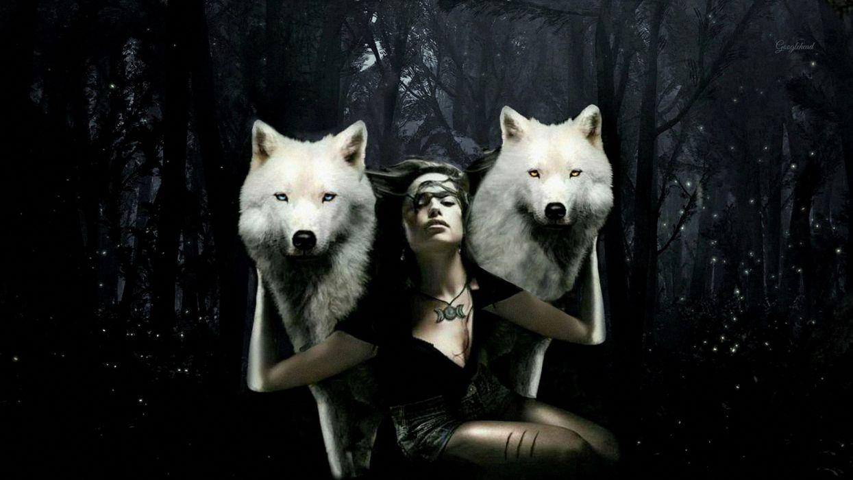 Artistic Forest Girl Manipulation White Wolf Wolf Woman wallpaper