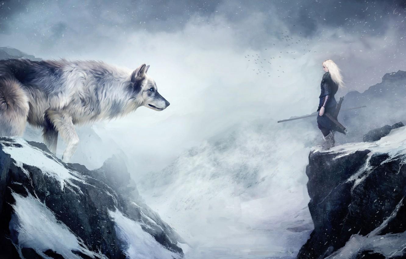 Wallpaper snow, mountains, wolf, Girl image for desktop, section
