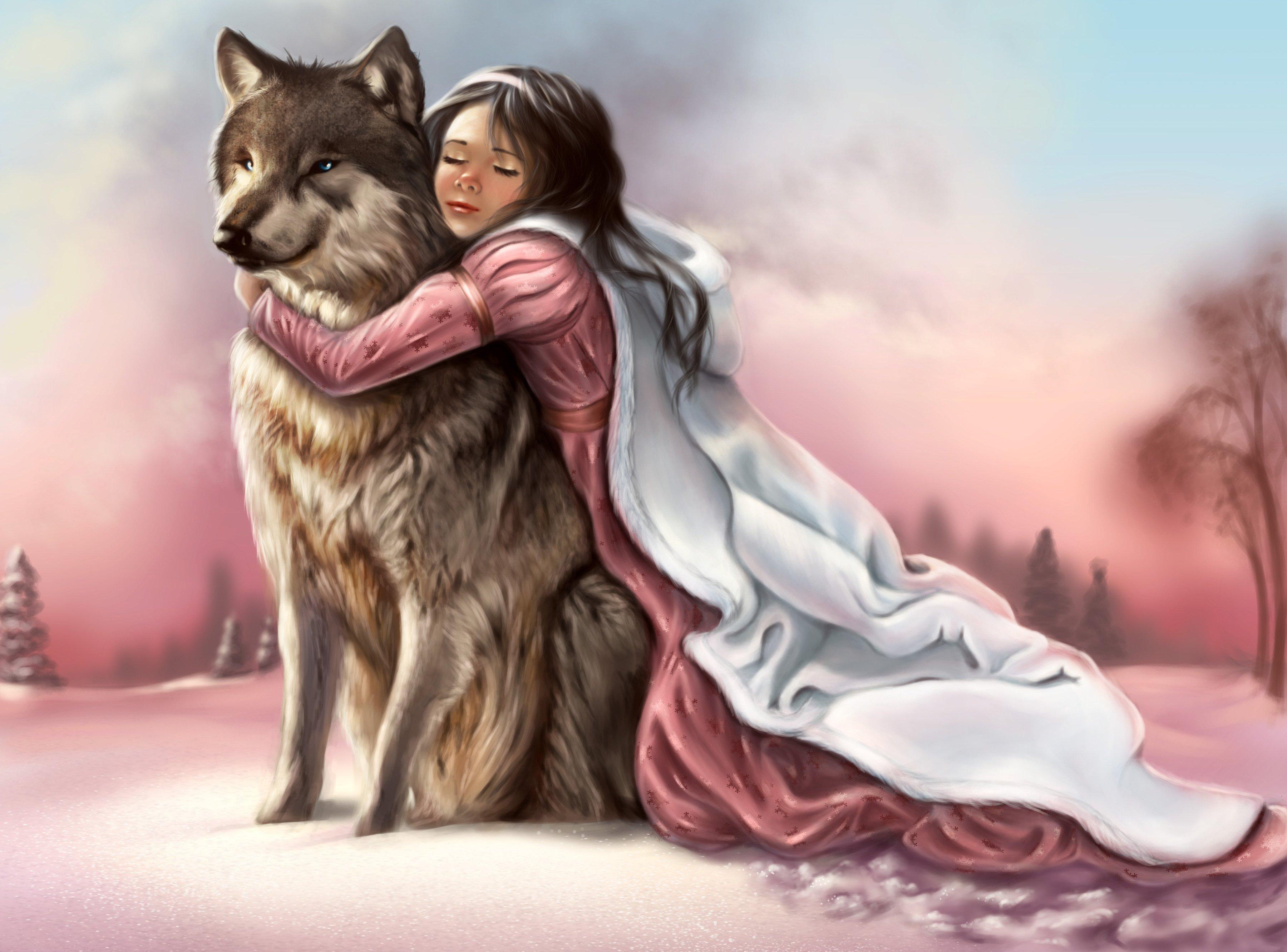 Painting fantasy girl pink dress face eyes closed hands hugging wolf