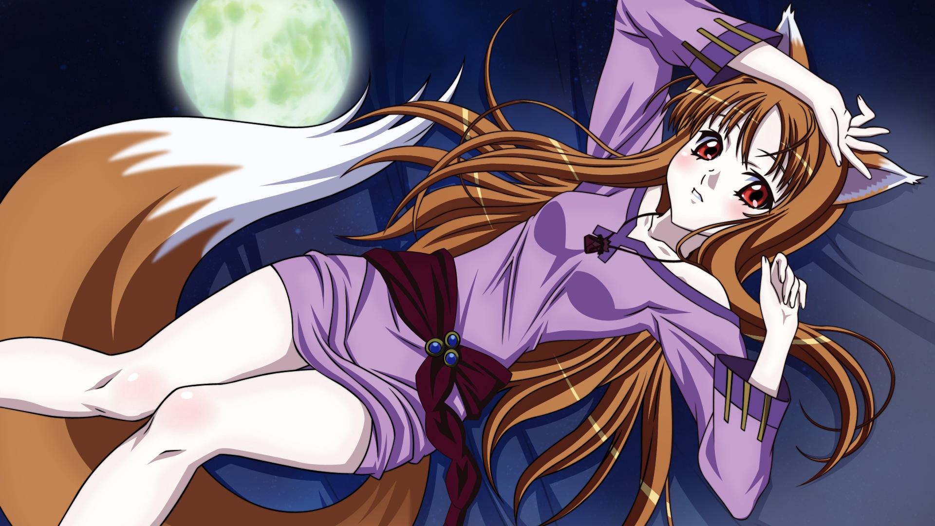 Download wallpaper 1920x1080 spice and wolf, girl, tail, pose, moon
